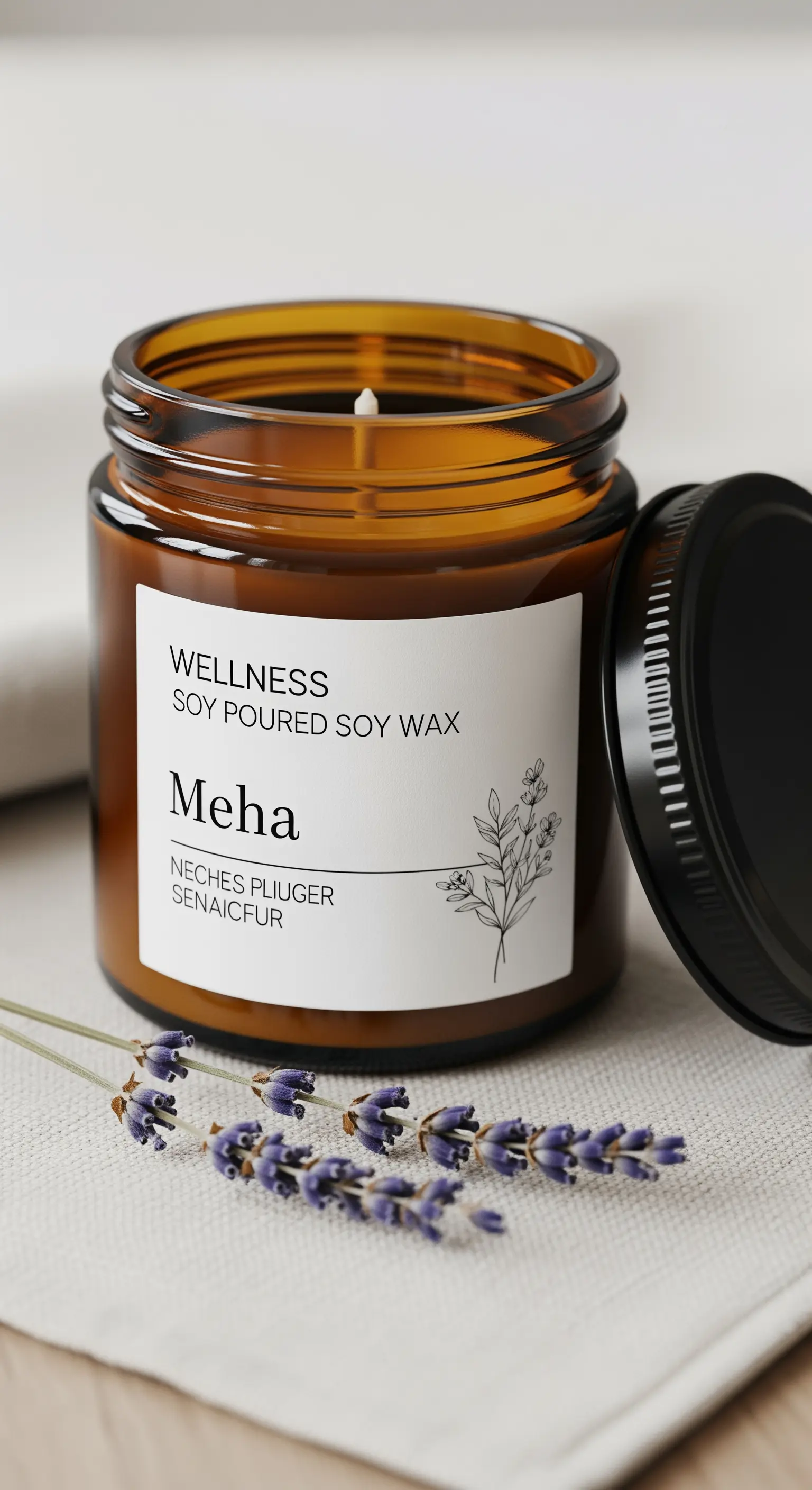 Candela profumata in cera di soia con etichetta personalizzata come segnaposto.