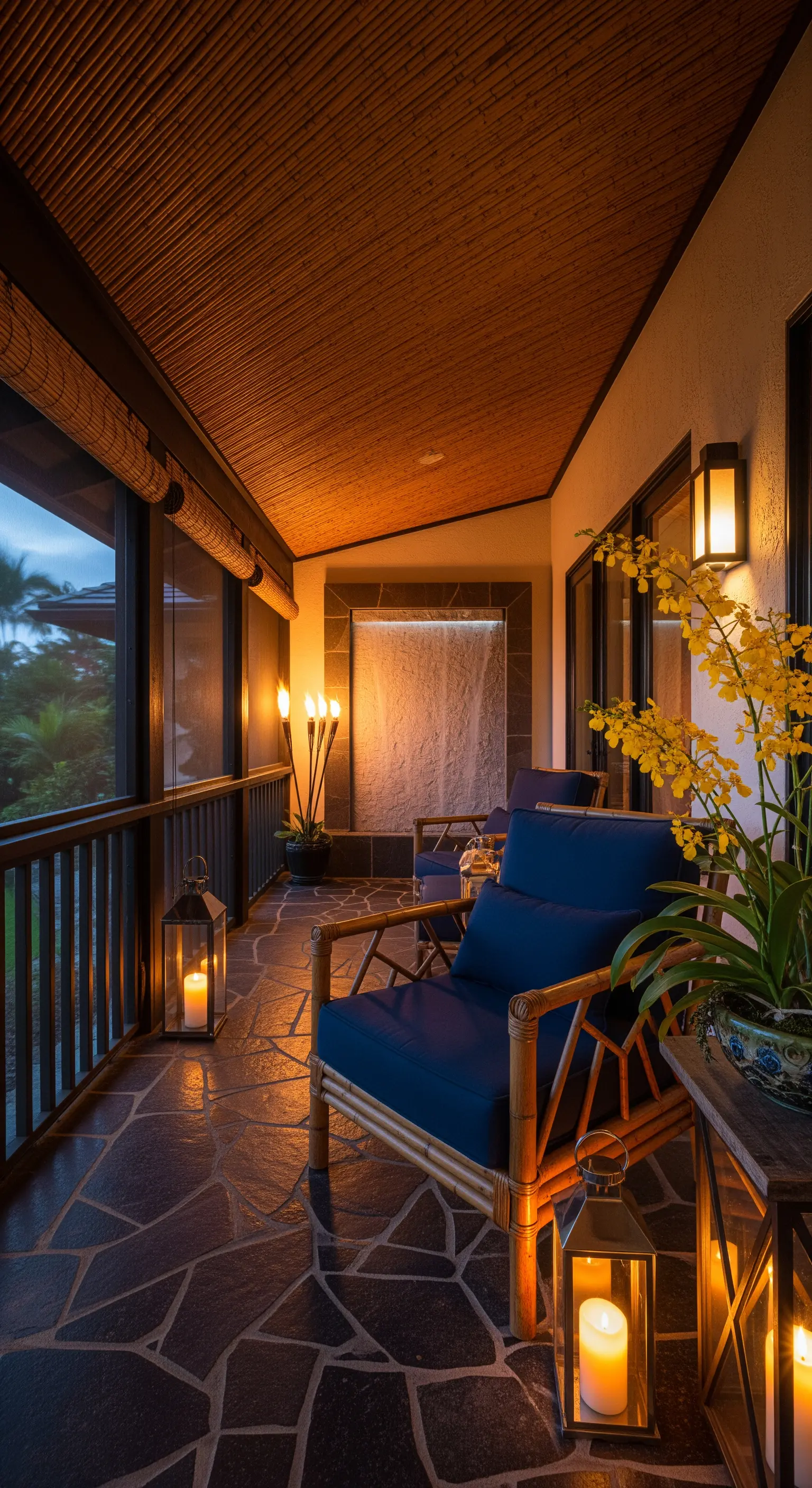Portico illuminato da lanterne con pavimento in pietra scura e sedie in bambù con cuscini blu.