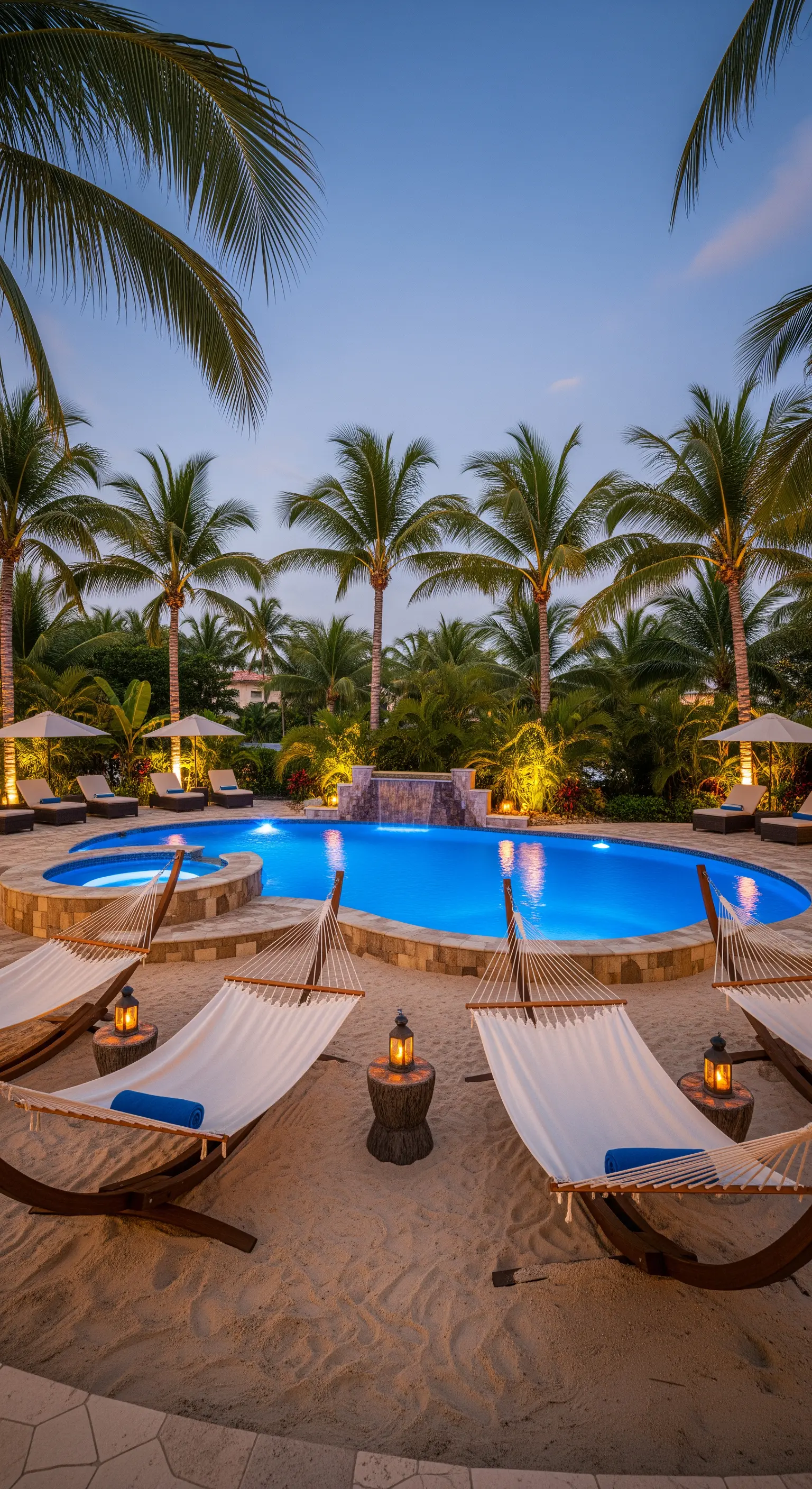 Resort di lusso con piscina, spiaggia di sabbia, amache e illuminazione serale.