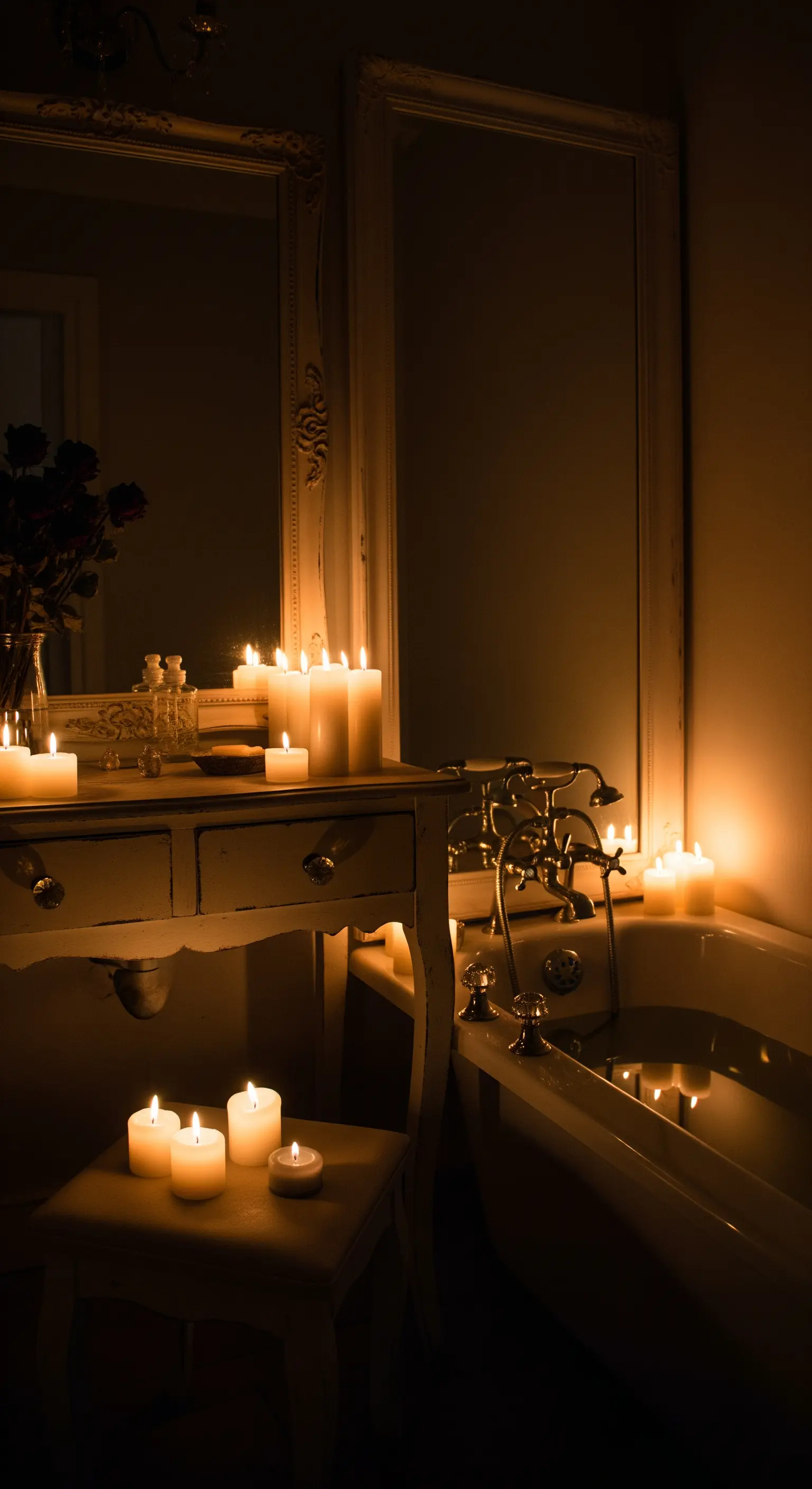 Un bagno con mobile toeletta e vasca illuminato esclusivamente dalla luce calda di numerose candele.
