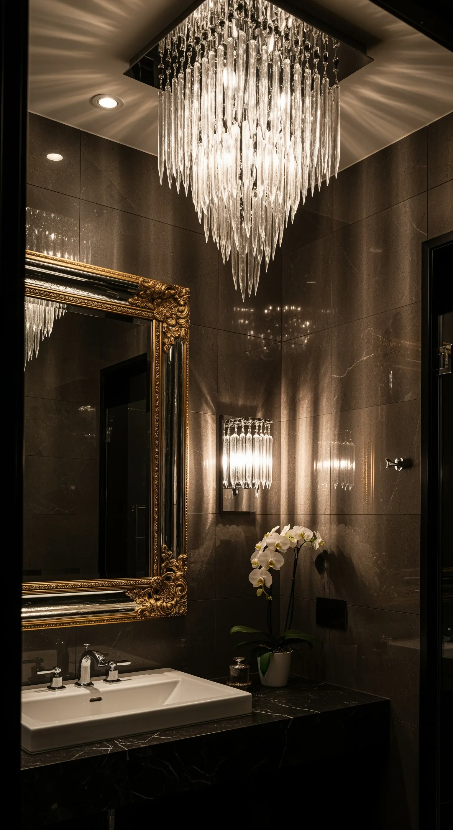 Bagno scuro e d'atmosfera con pareti in marmo grigio, specchio dorato e illuminazione soffusa.