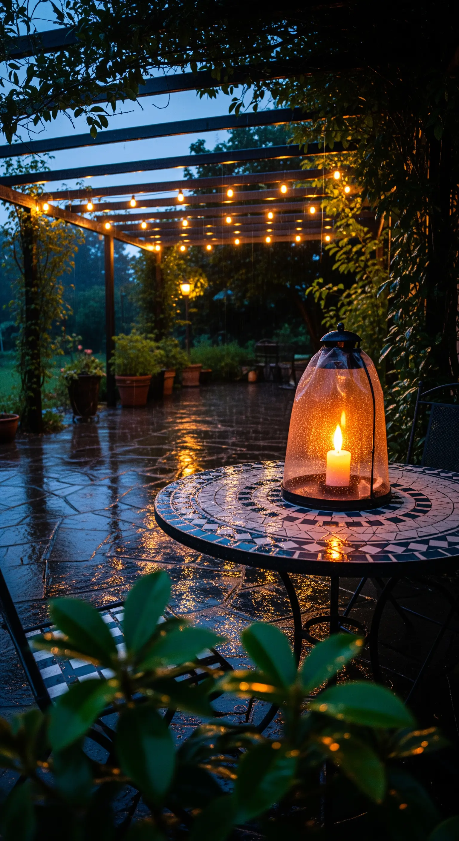 Patio bagnato dalla pioggia, con le luci di un pergolato che si riflettono sul tavolo in mosaico