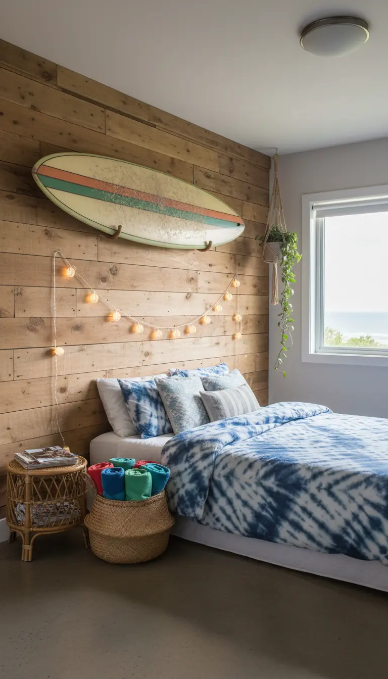 Camera da letto con parete in legno, tavola da surf appesa e luci a stringa calde.