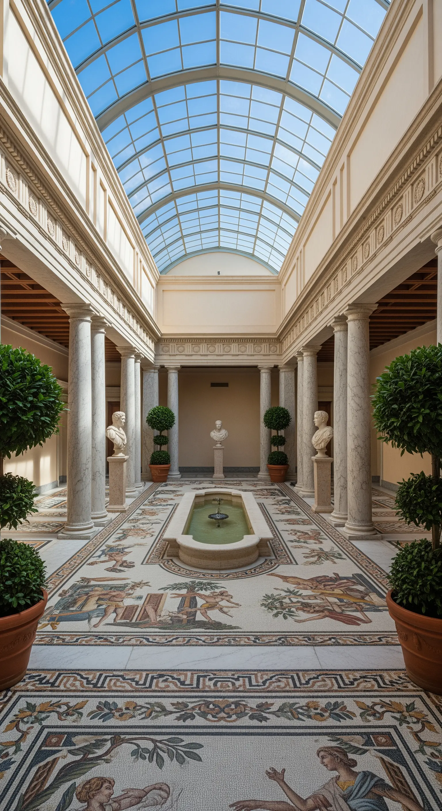 Atrio con soffitto in vetro, colonne, pavimento a mosaico dettagliato e fontana centrale.