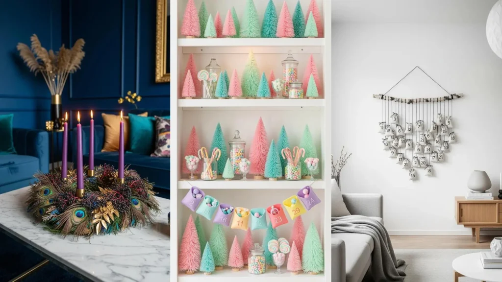 Varietà di idee creative per decorare la casa durante l'Avvento: candele, alberi pastello e calendari.