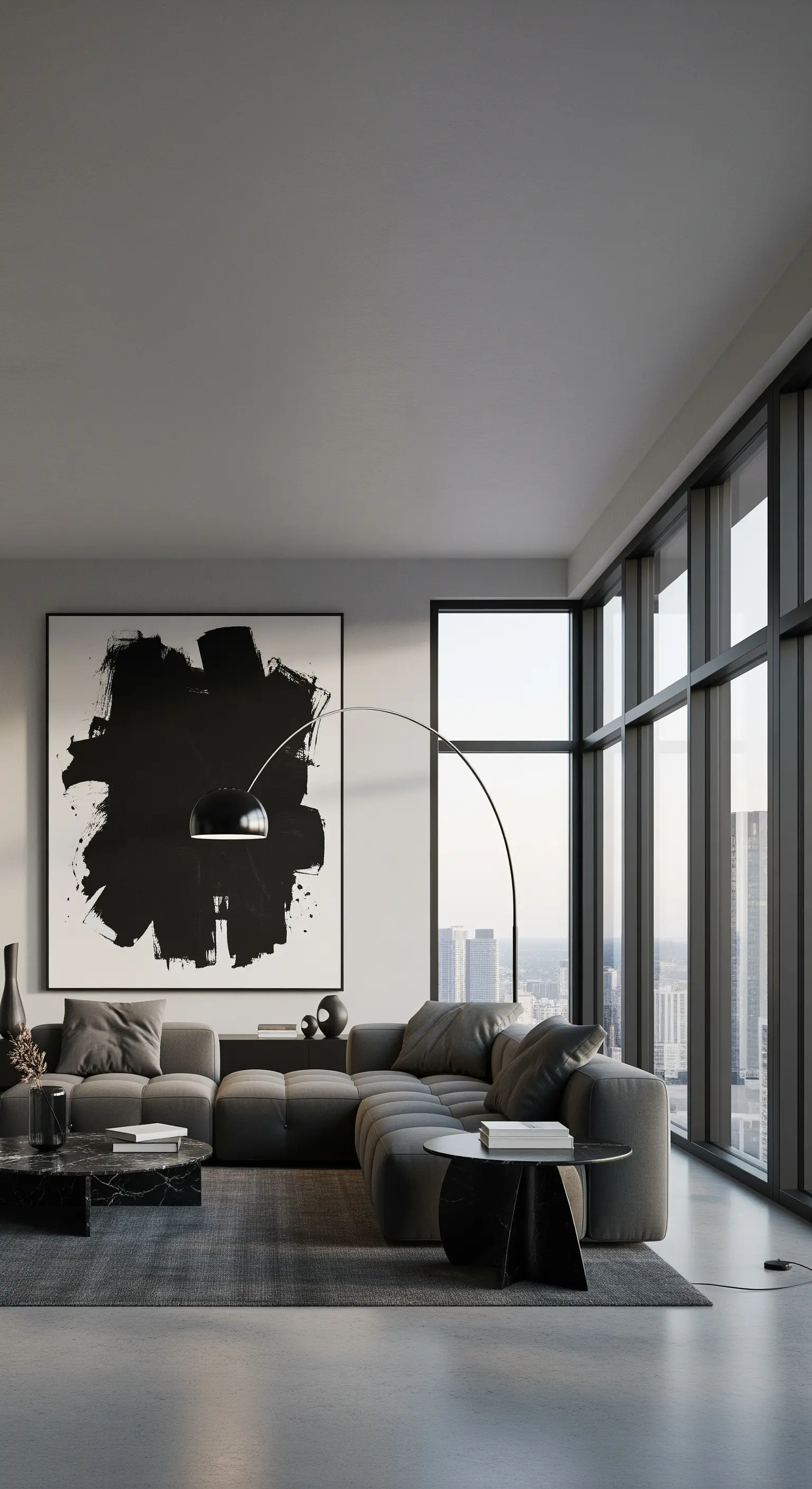 Soggiorno minimal con divano grigio e un grande quadro astratto in bianco e nero.