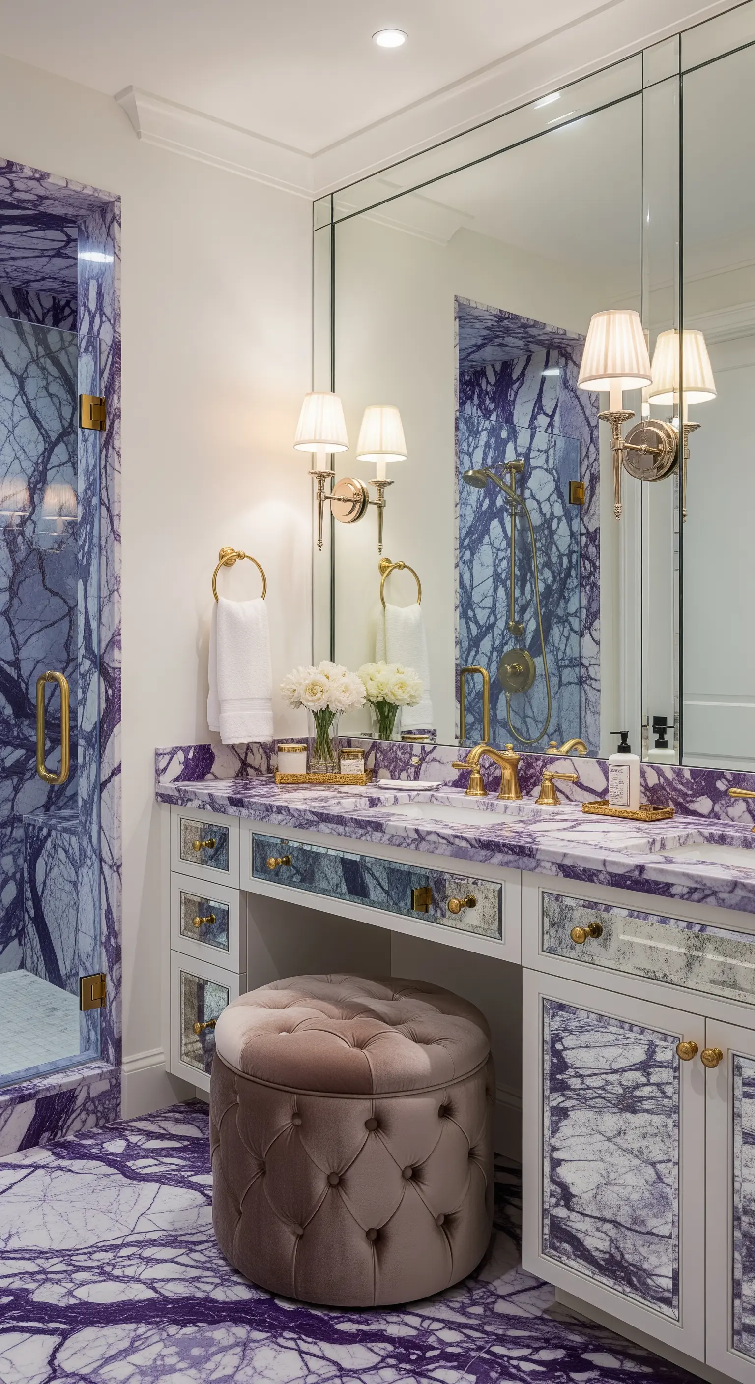 Bagno opulento con marmo dalle venature viola, mobile con ante a specchio e pouf in velluto.