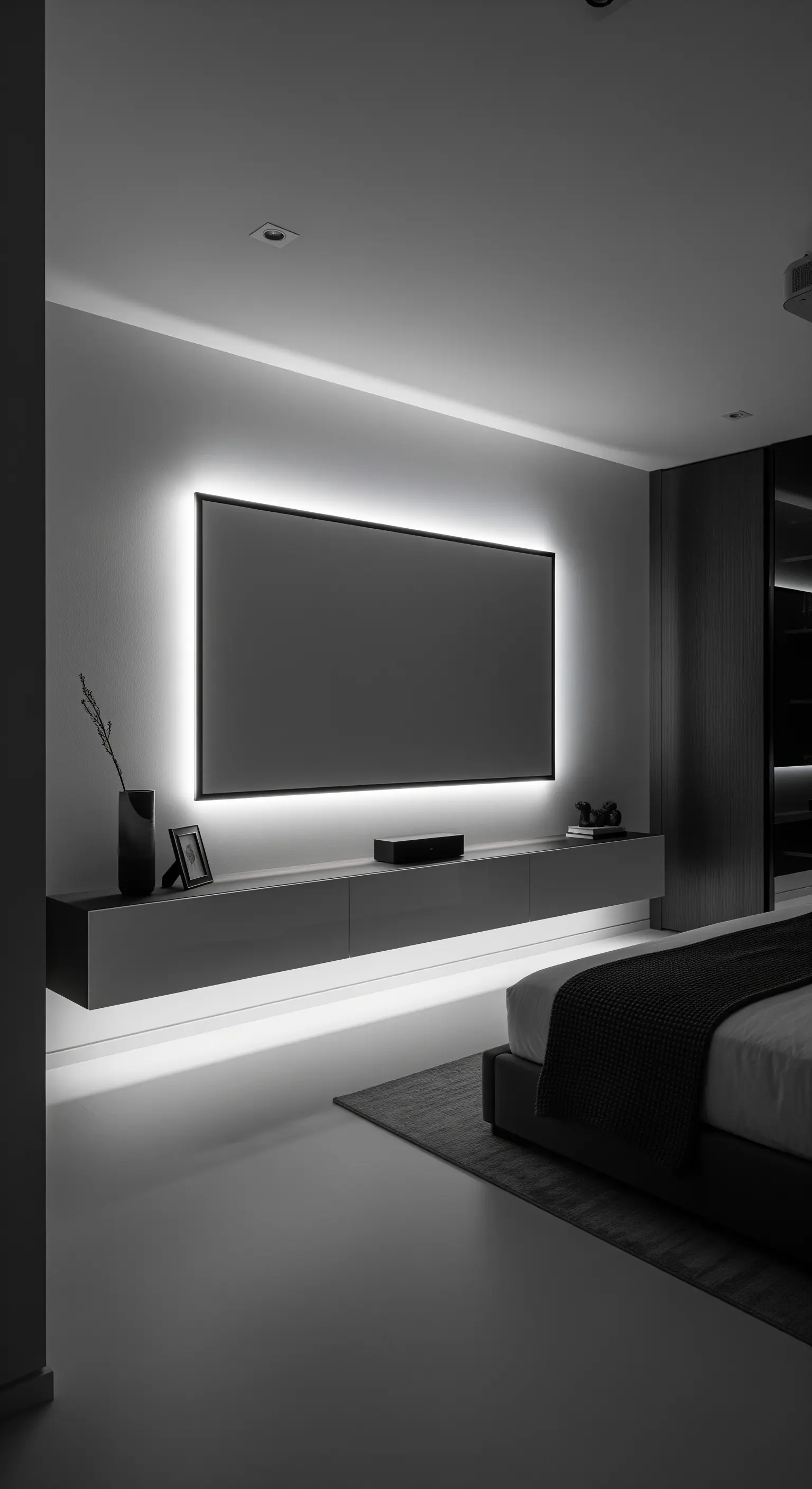 Schermo TV in camera da letto con retroilluminazione a LED bianca per un'esperienza immersiva.