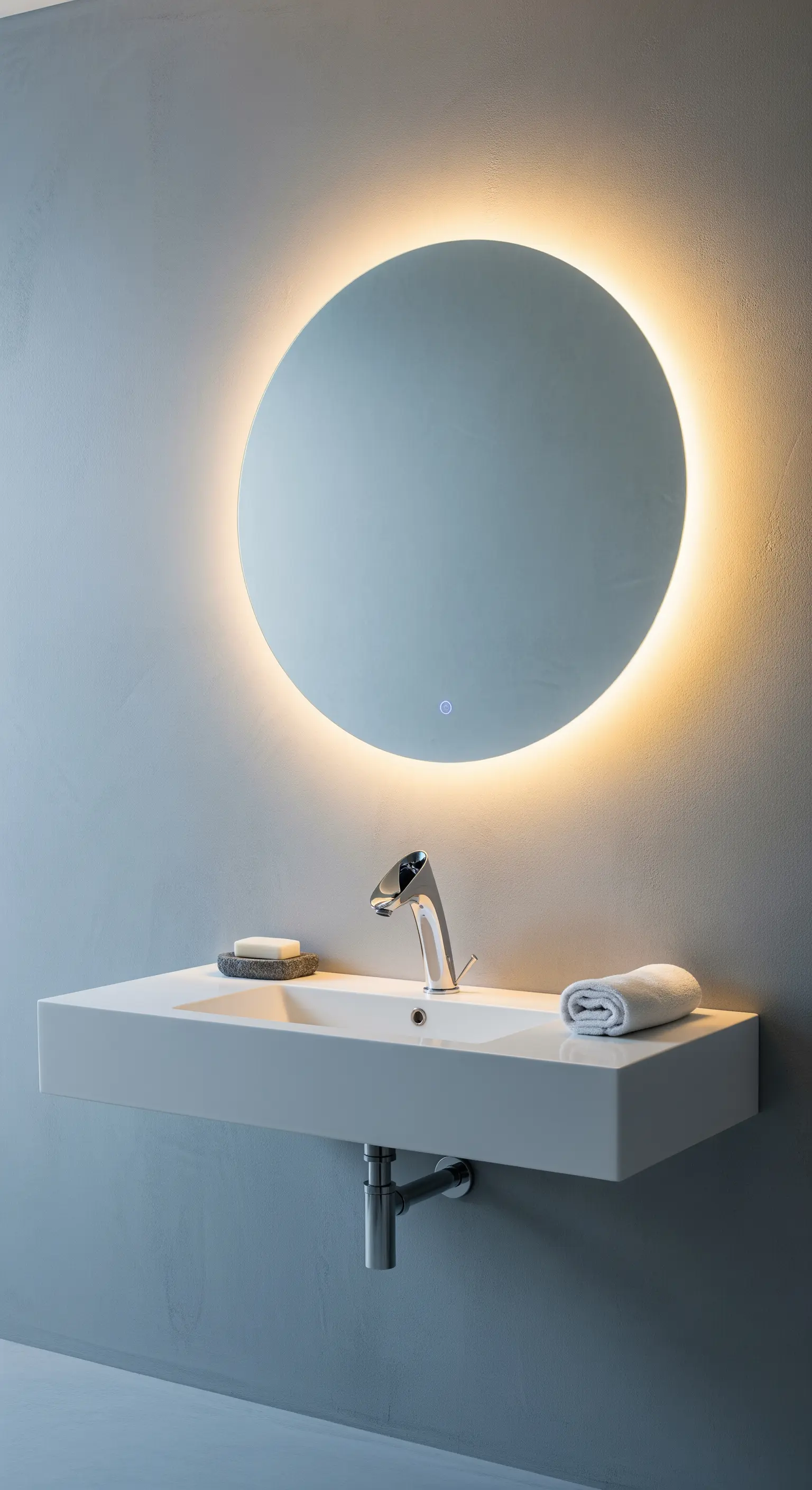 Specchio rotondo retroilluminato sopra un lavabo bianco su parete grigia.