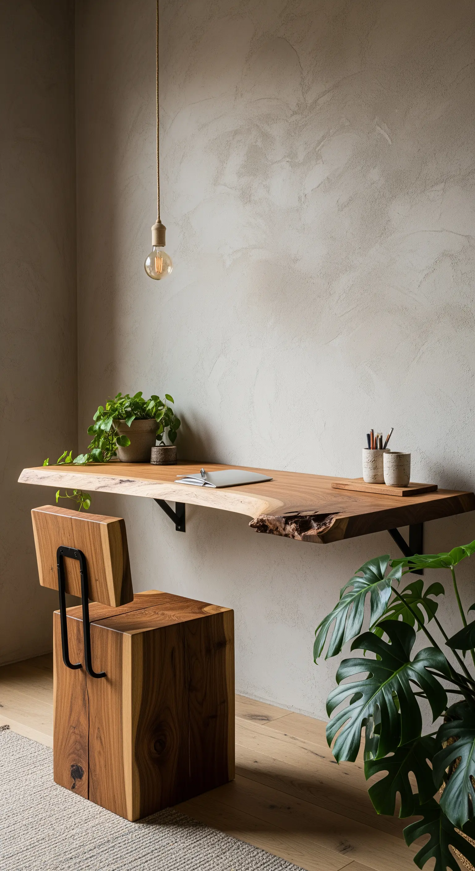 Scrivania sospesa in legno massello con bordo irregolare e una sedia in legno massiccio.