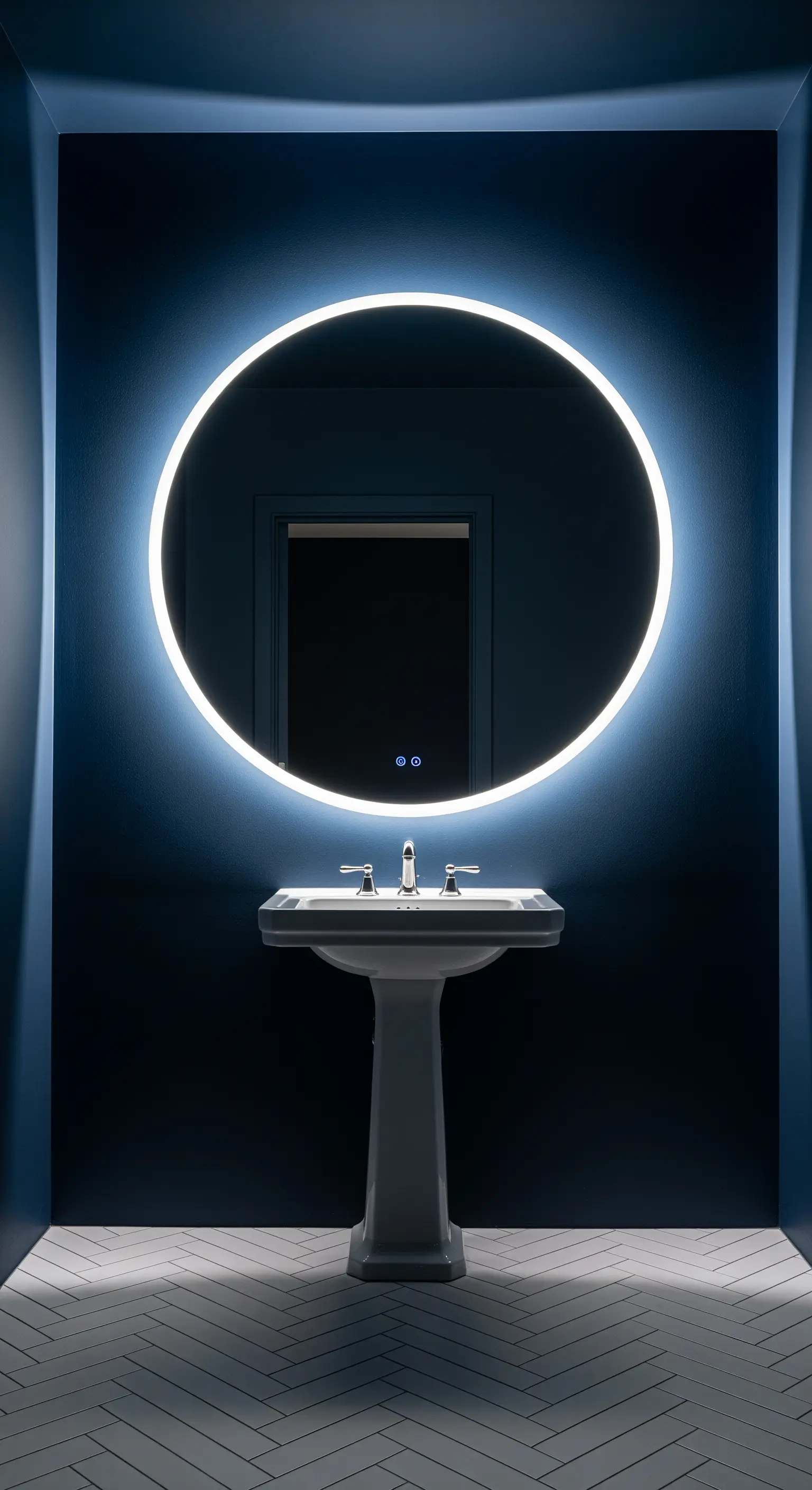 Specchio rotondo retroilluminato che crea un alone di luce su una parete blu scuro.