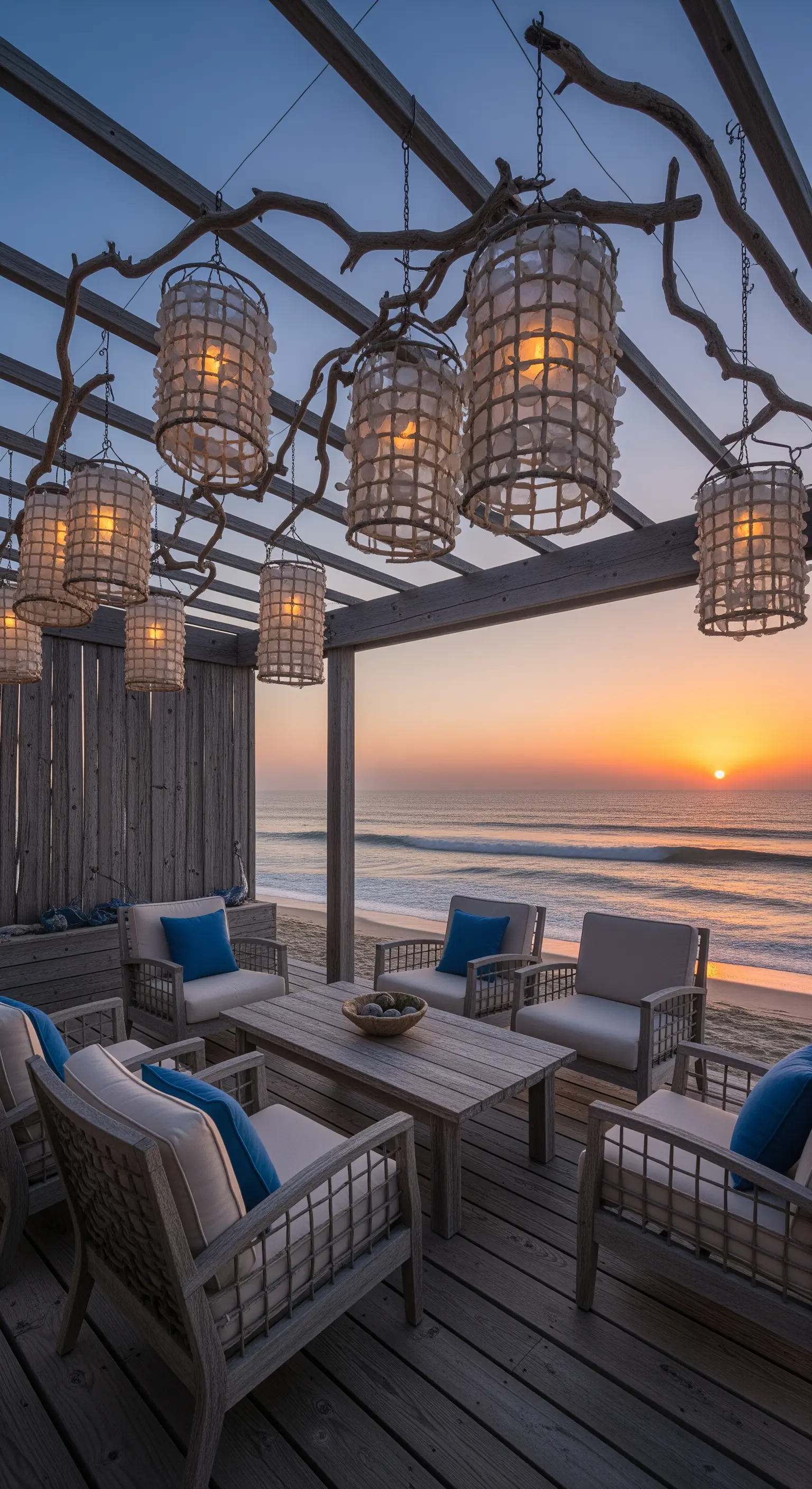 Terrazza in legno sulla spiaggia al tramonto, con lanterne rustiche in stile marino.