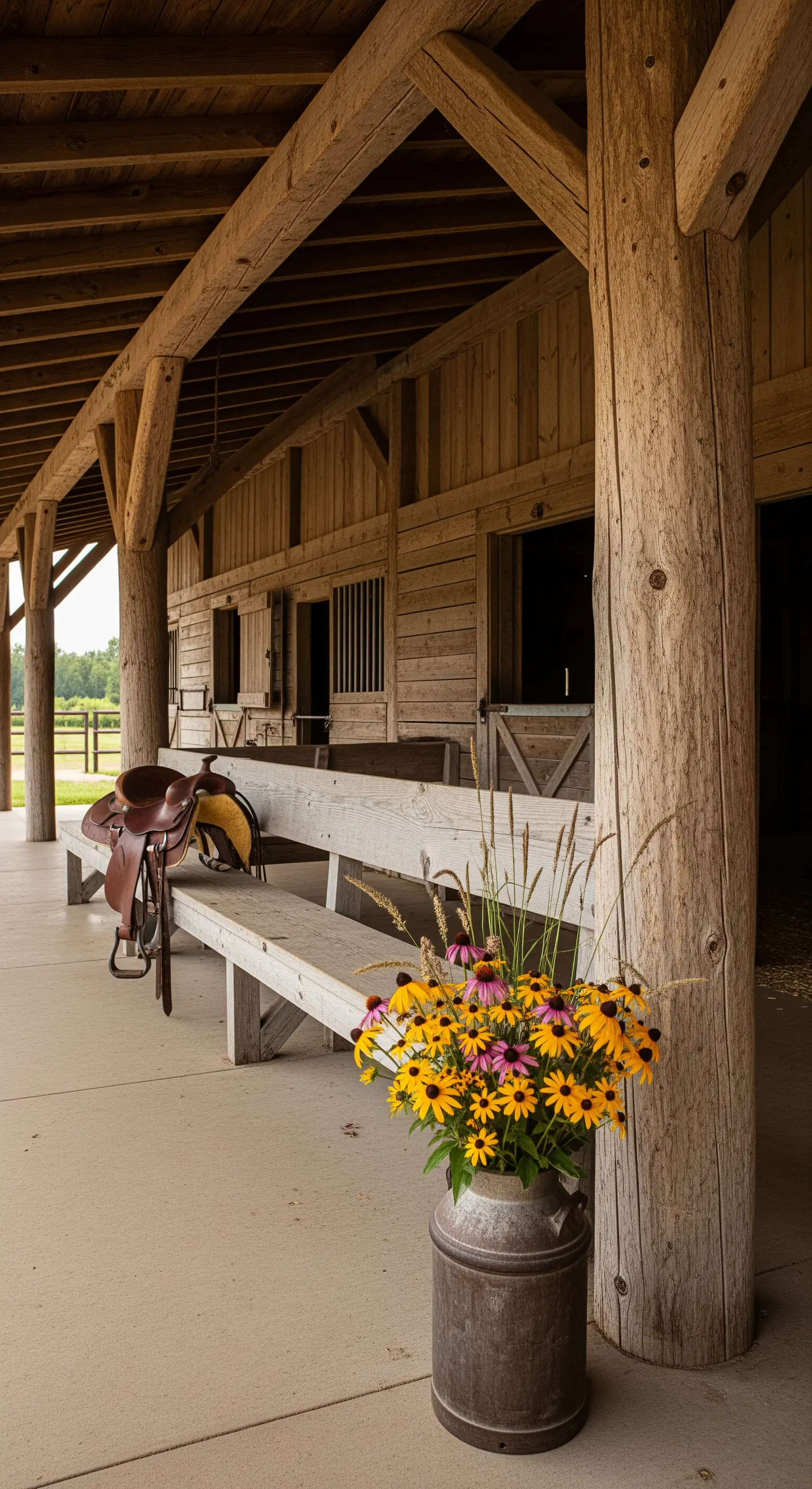 Portico di una stalla con panca, sella da cavallo e un bidone del latte con fiori di campo.