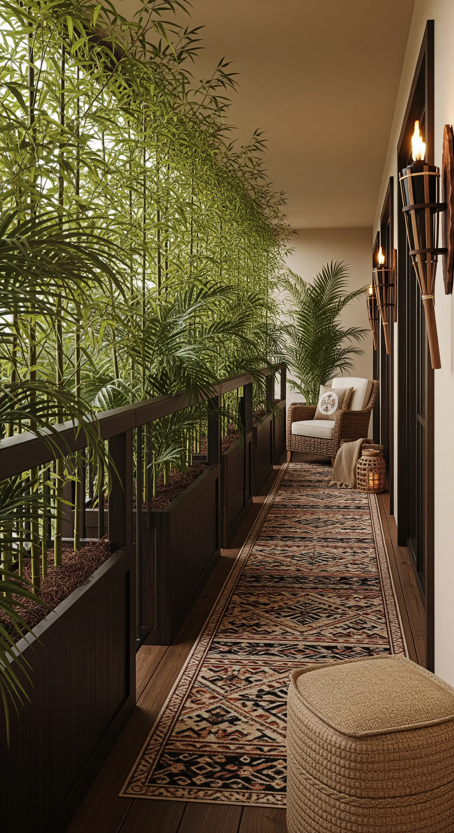 Balcone stretto e lungo con piante di bambù in fioriere e un tappeto etnico.