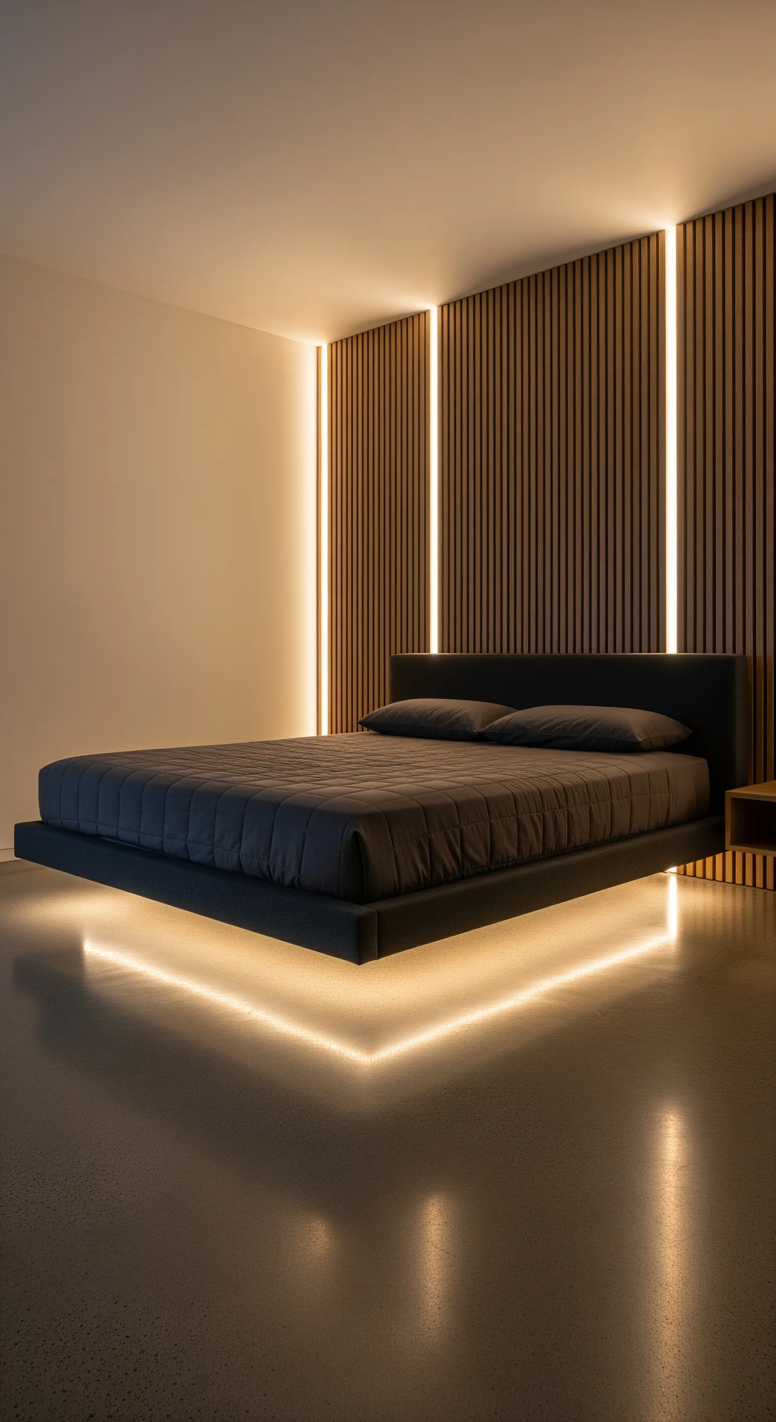 Letto sospeso con illuminazione LED calda e parete in listelli di legno.