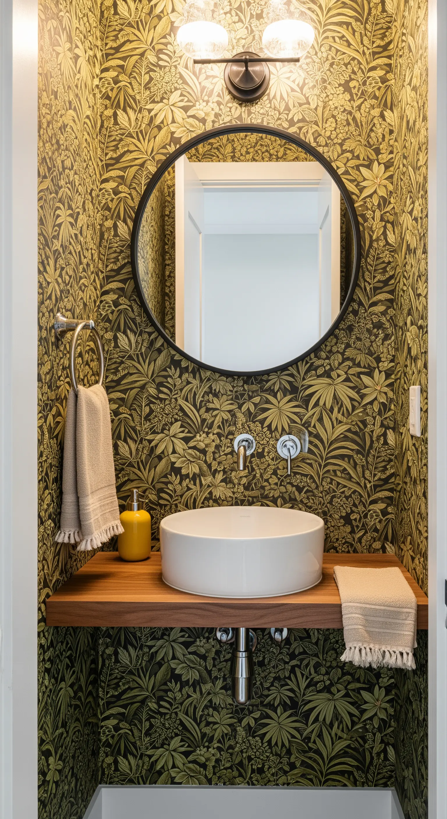 Bagno piccolo rivestito con carta da parati a motivo fogliame scuro e senape.