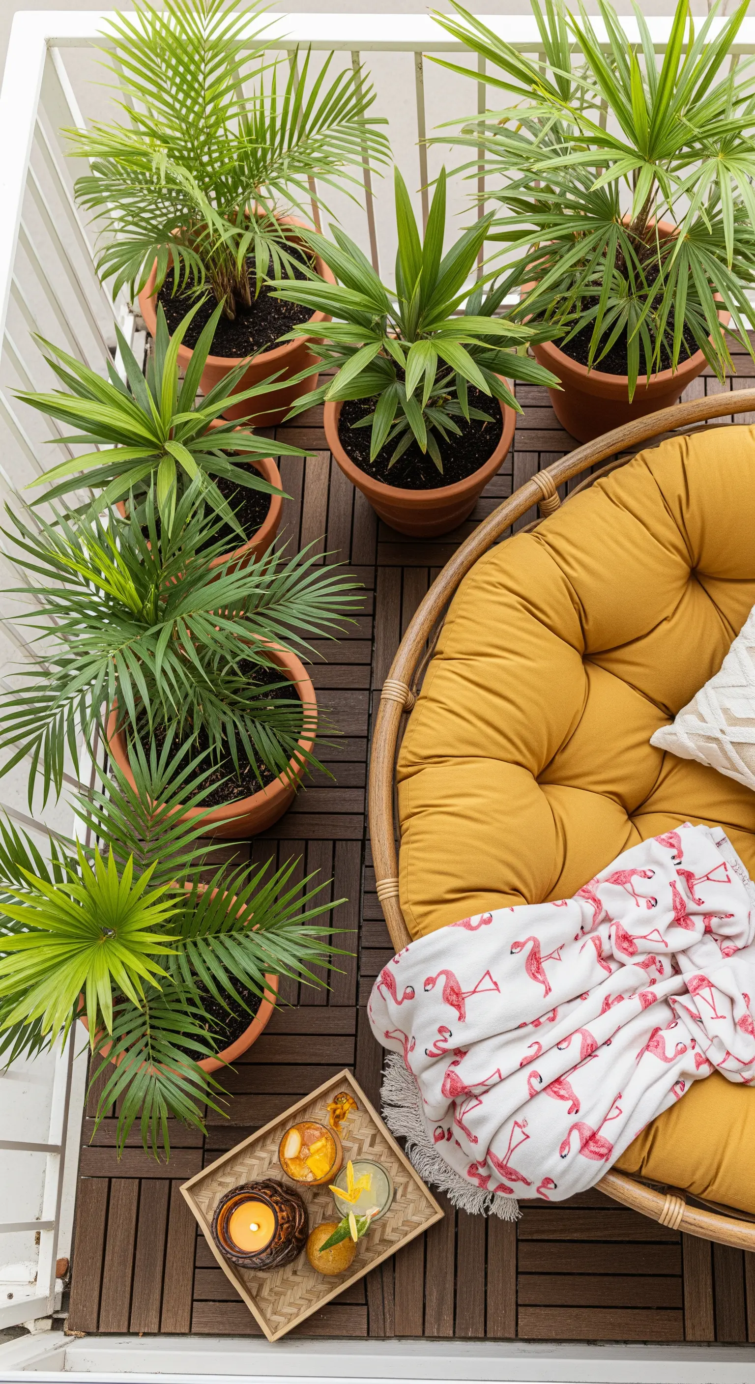 Vista dall'alto di un balcone con sedia Papasan gialla circondata da palme in vaso.