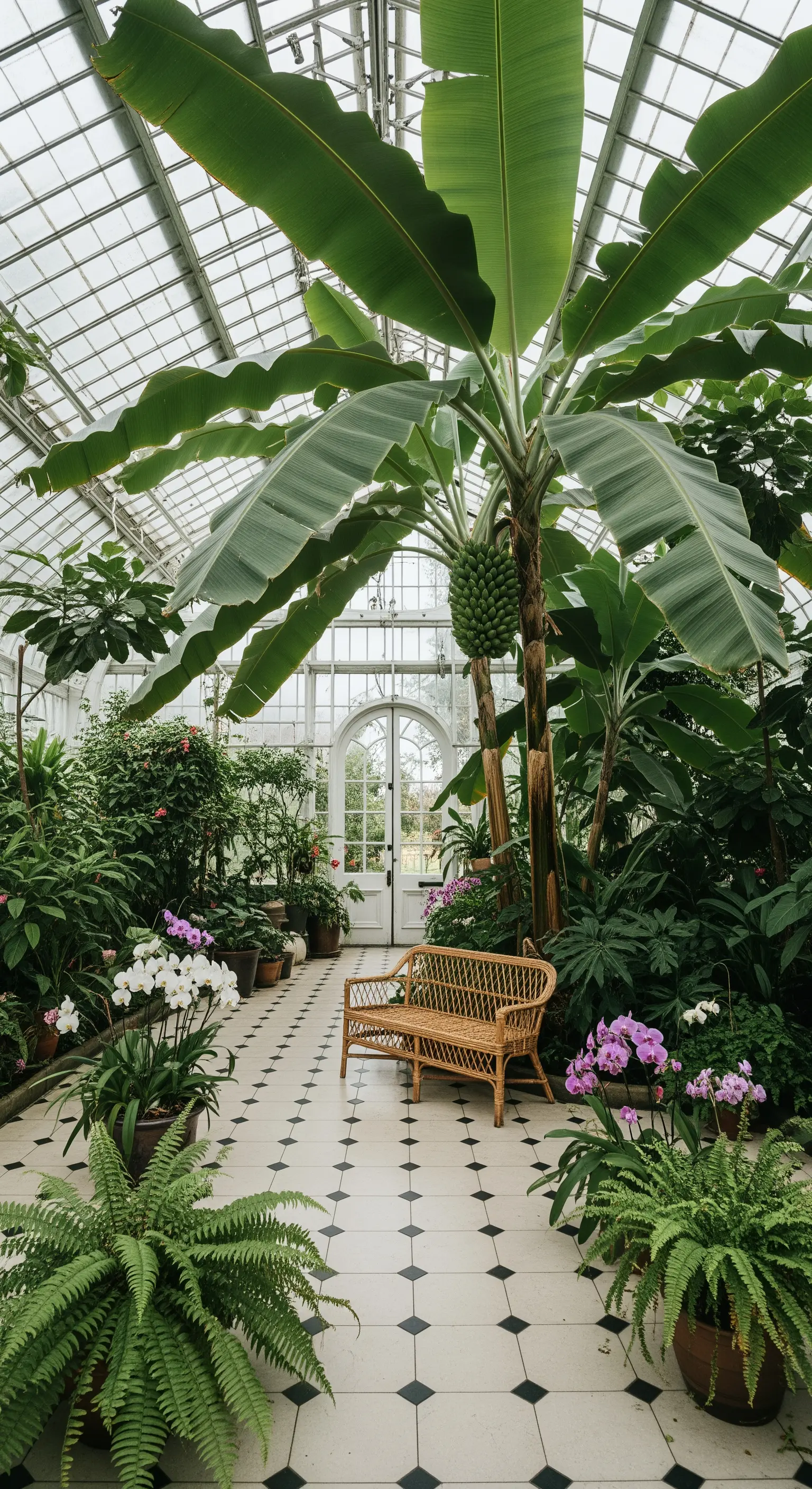 Grande pianta di banano in una serra luminosa con pavimento a scacchi e altre piante tropicali.