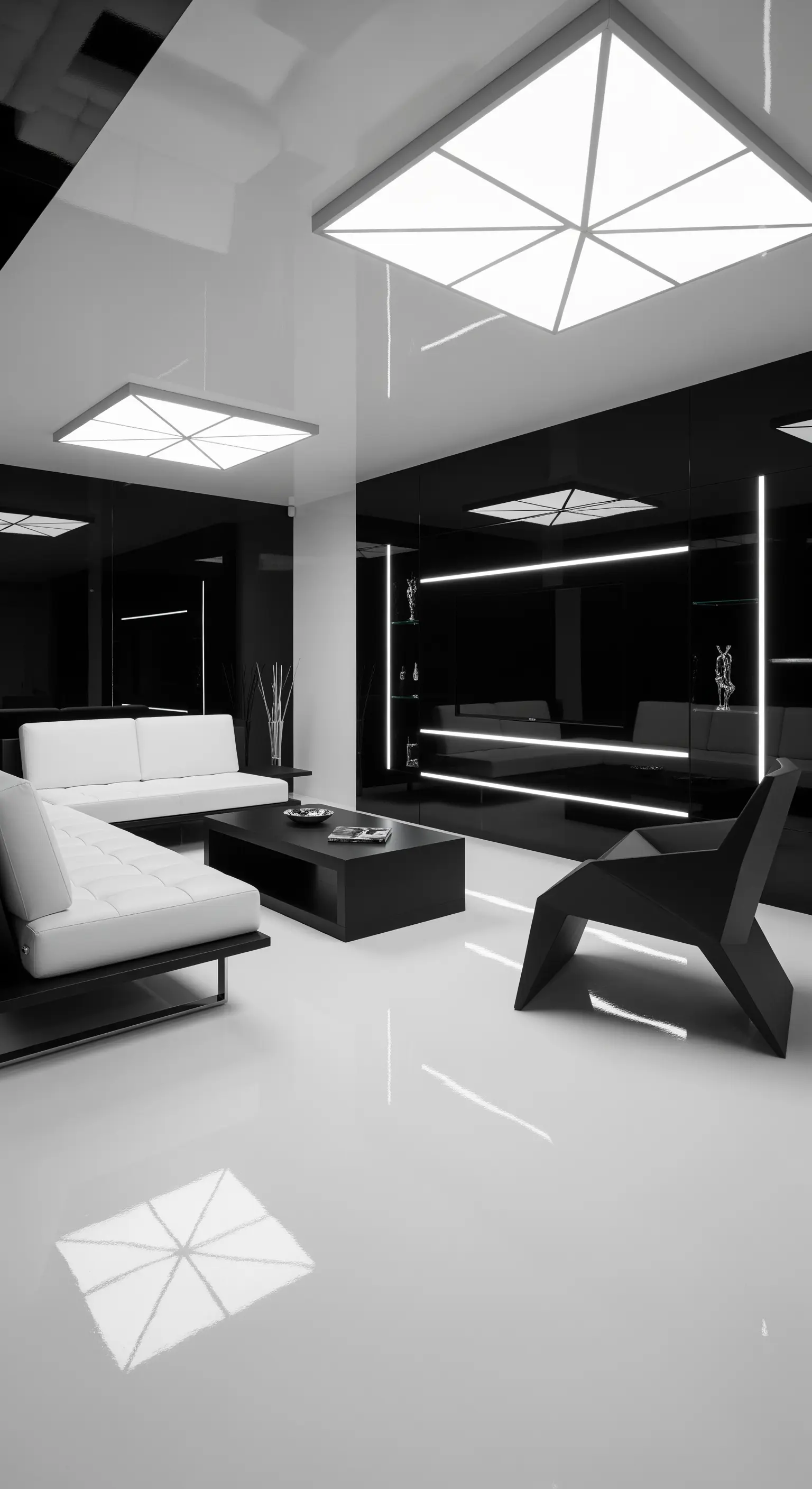 Salotto ultra moderno con pavimenti e pareti lucide bianche e nere e luci geometriche.