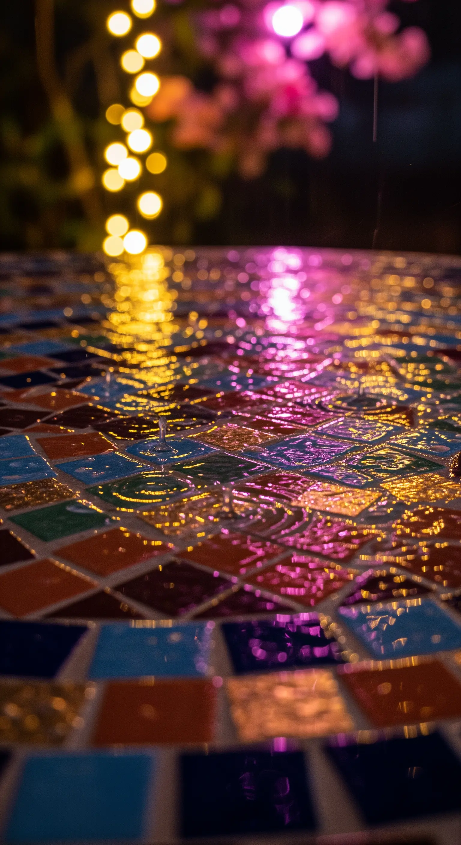 Superficie bagnata di un tavolo a mosaico che riflette luci calde e fucsia.