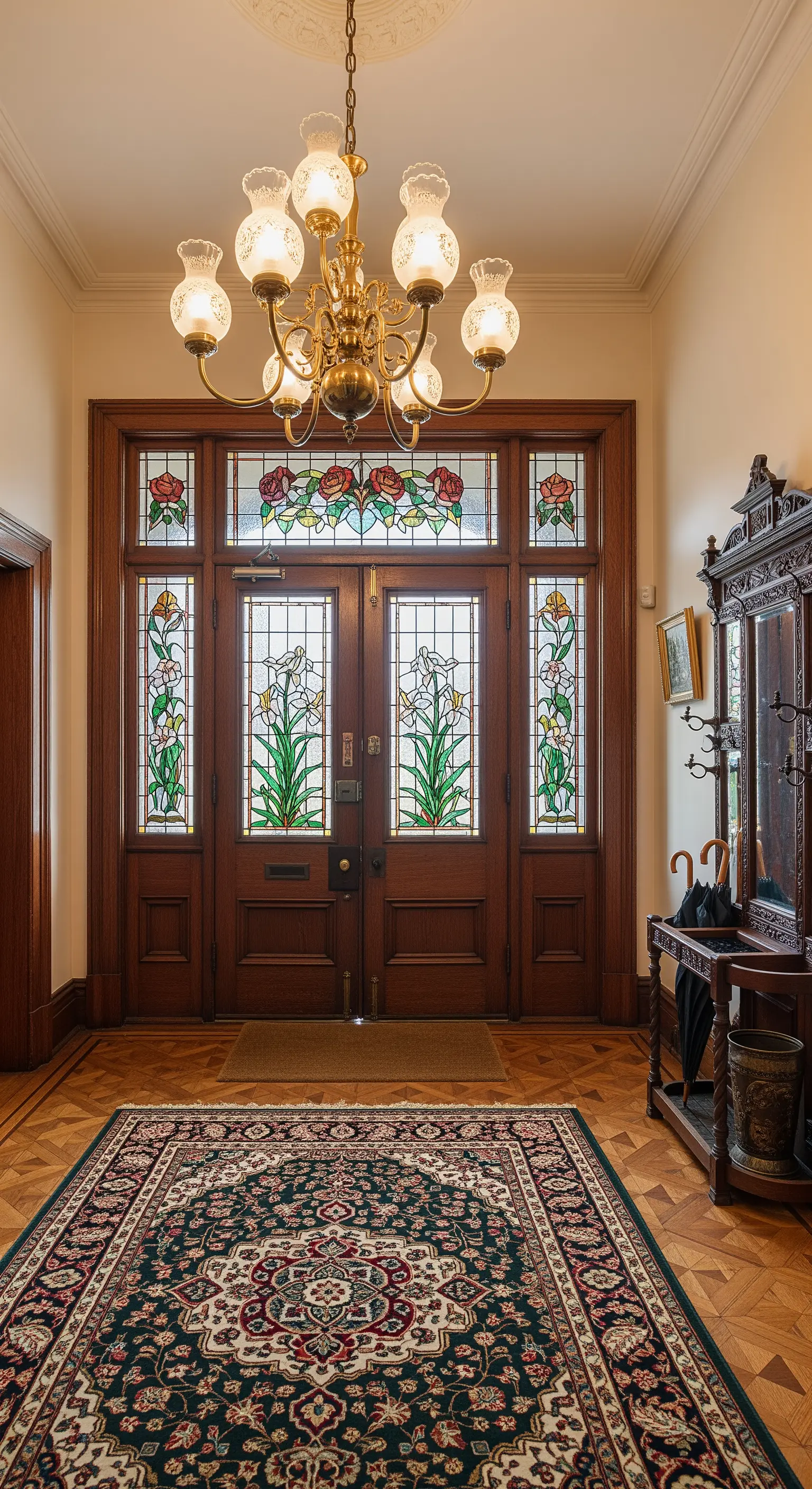 Ingresso Arts and Crafts con porta in legno e vetrate colorate a motivo floreale.