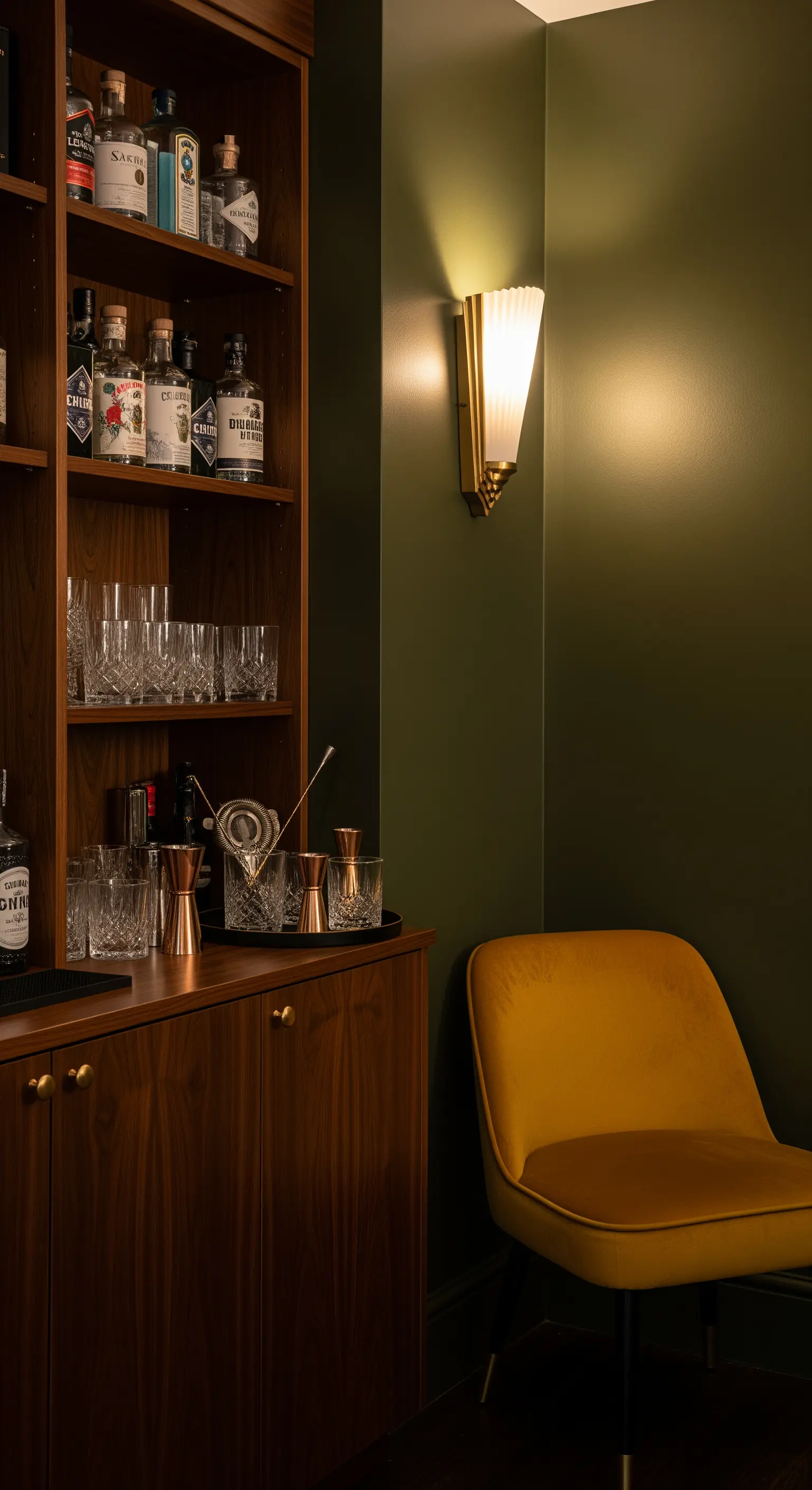 Angolo bar con pareti verde scuro, mobile in legno e sedia in velluto senape.
