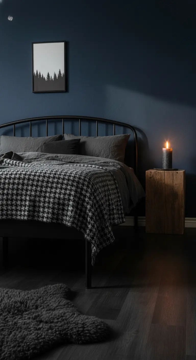Camera da letto con pareti blu scuro, letto in metallo nero e un comodino in legno grezzo con candela.