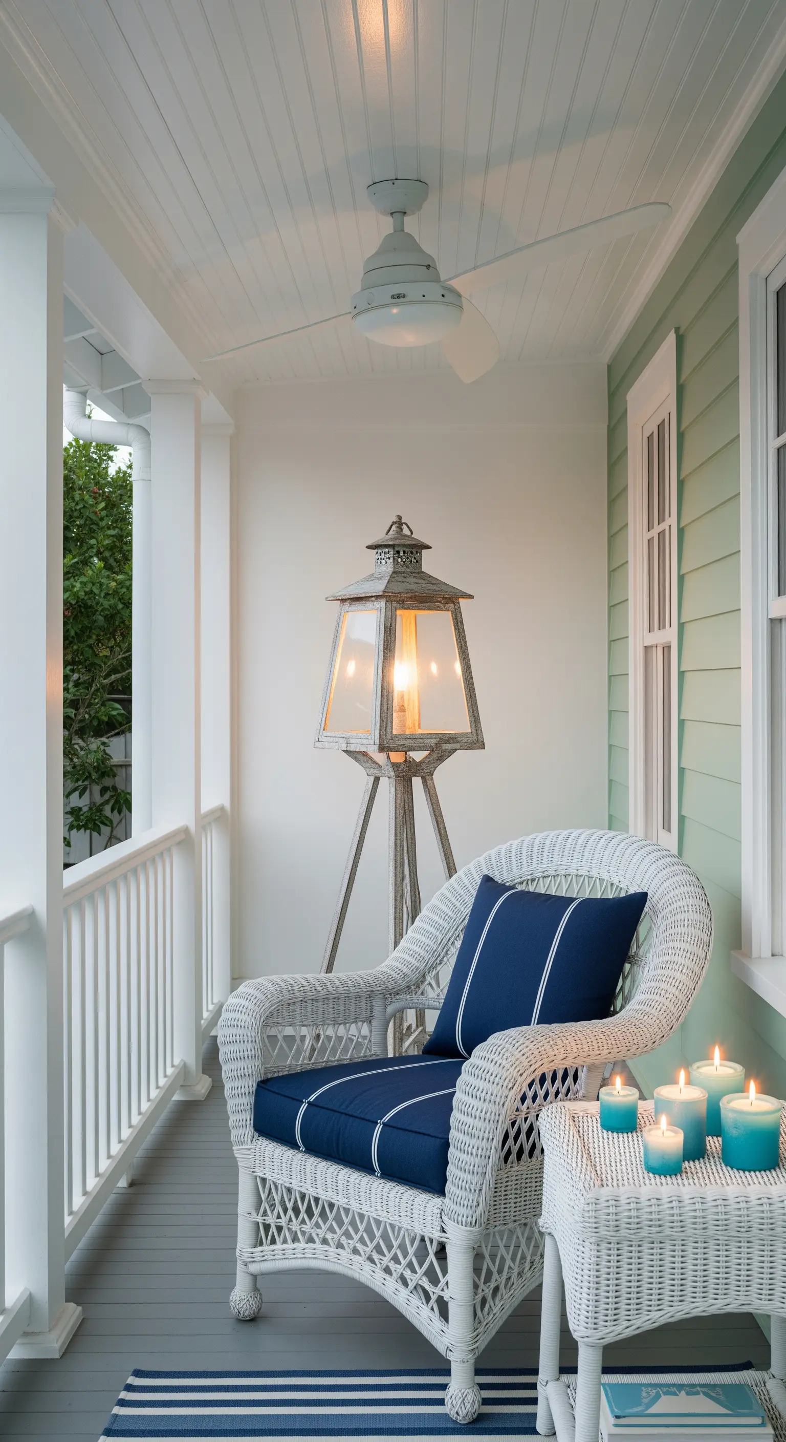Angolo di una veranda coastal con poltrona in vimini bianco e lampada a forma di lanterna.
