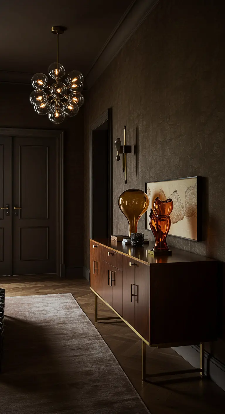 Ingresso scuro con credenza, lampadario in vetro fumé e vasi in vetro ambrato.