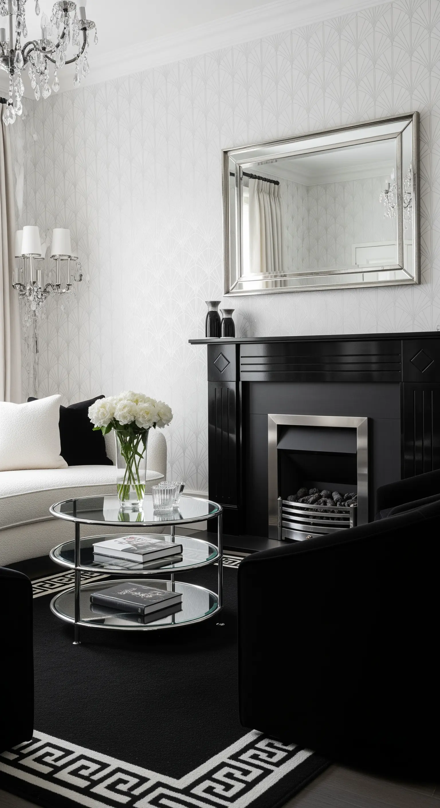 Salotto classico con camino nero, specchio argentato e tappeto con bordo a greca.