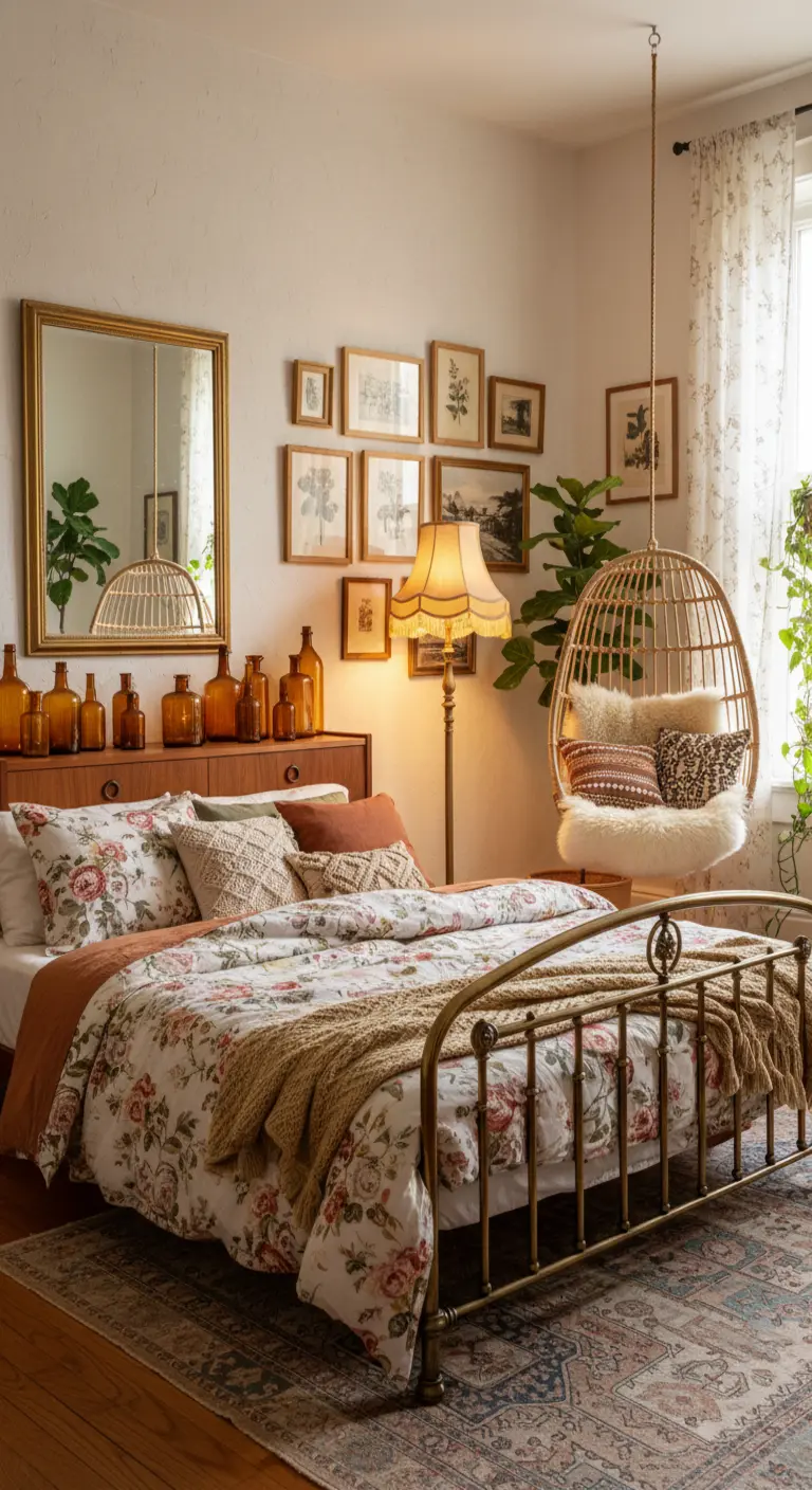 Camera eclettica con letto in ottone, biancheria fiorata e parete di quadri.