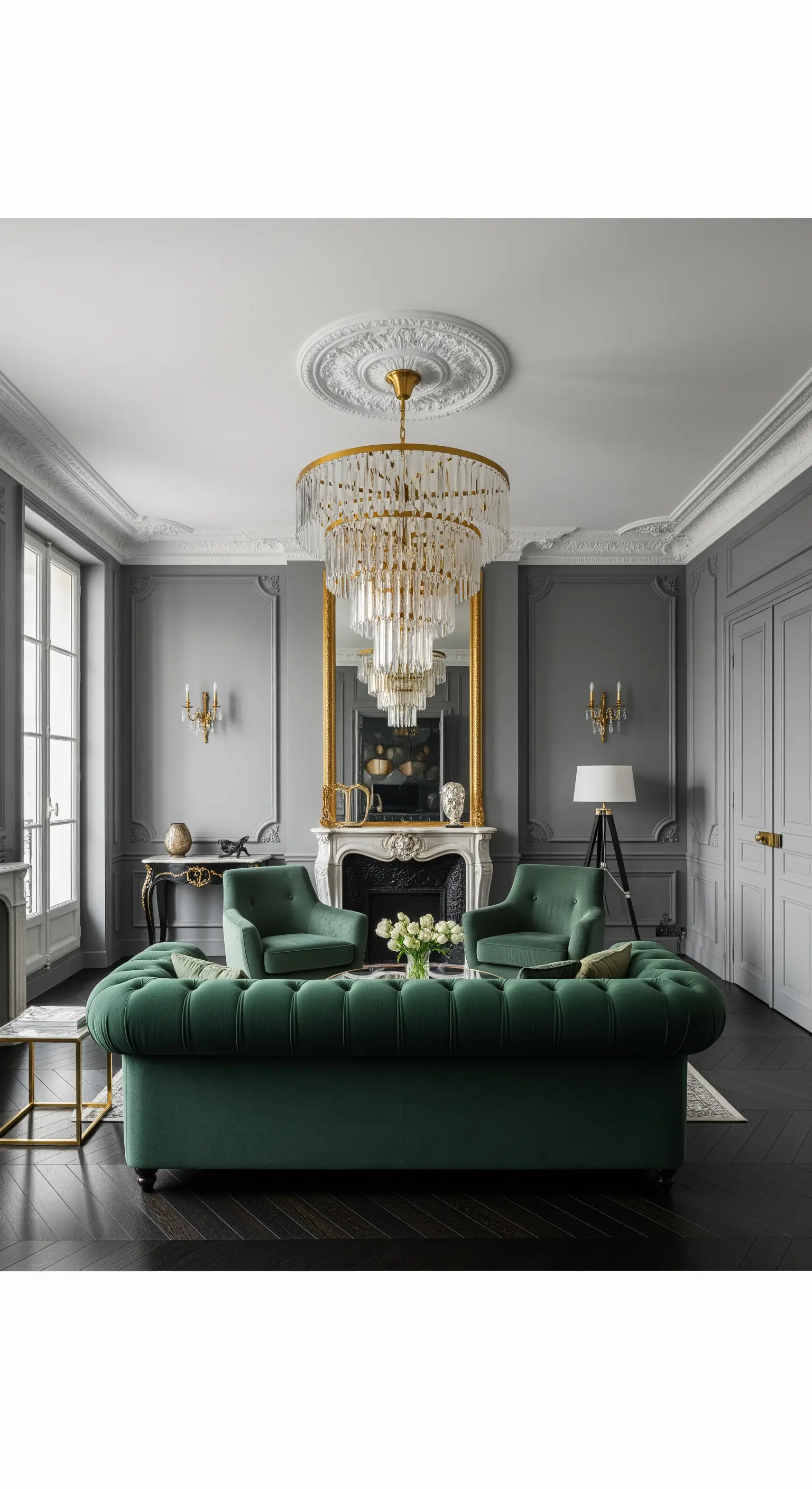 Soggiorno parigino con pareti grigie, divano in velluto verde e lampadario di cristallo.