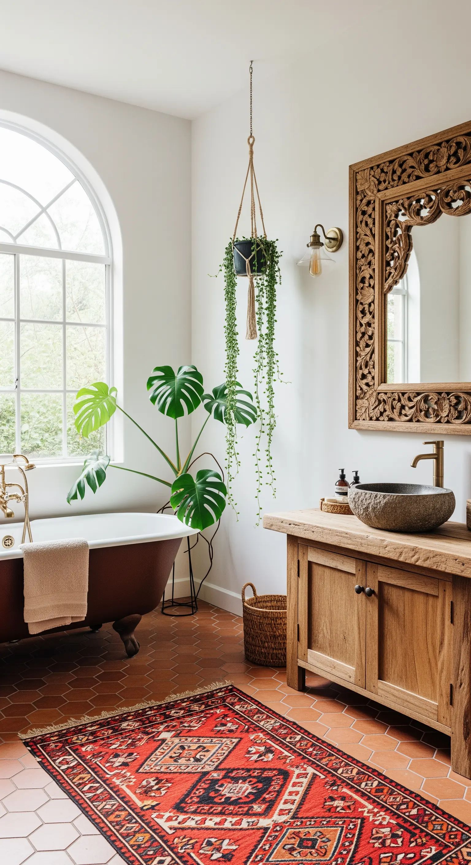 Bagno boho-chic con vasca freestanding, tappeto persiano e specchio in legno intagliato.