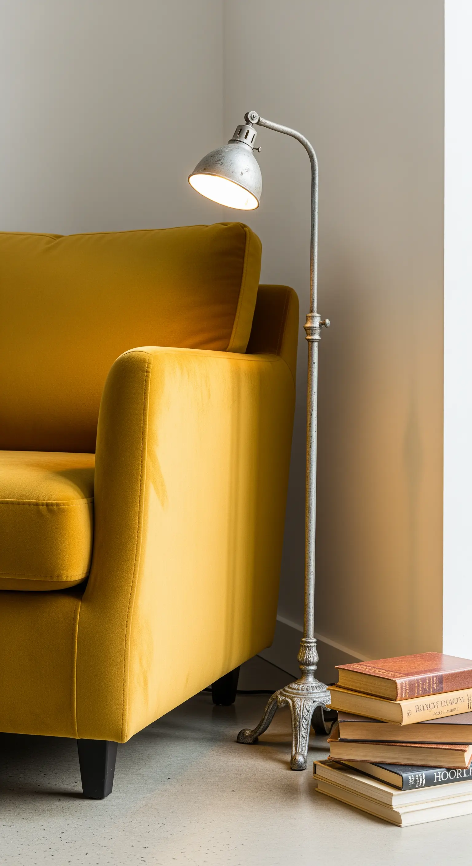 Lampada da terra industriale in metallo accanto a un divano in velluto giallo.