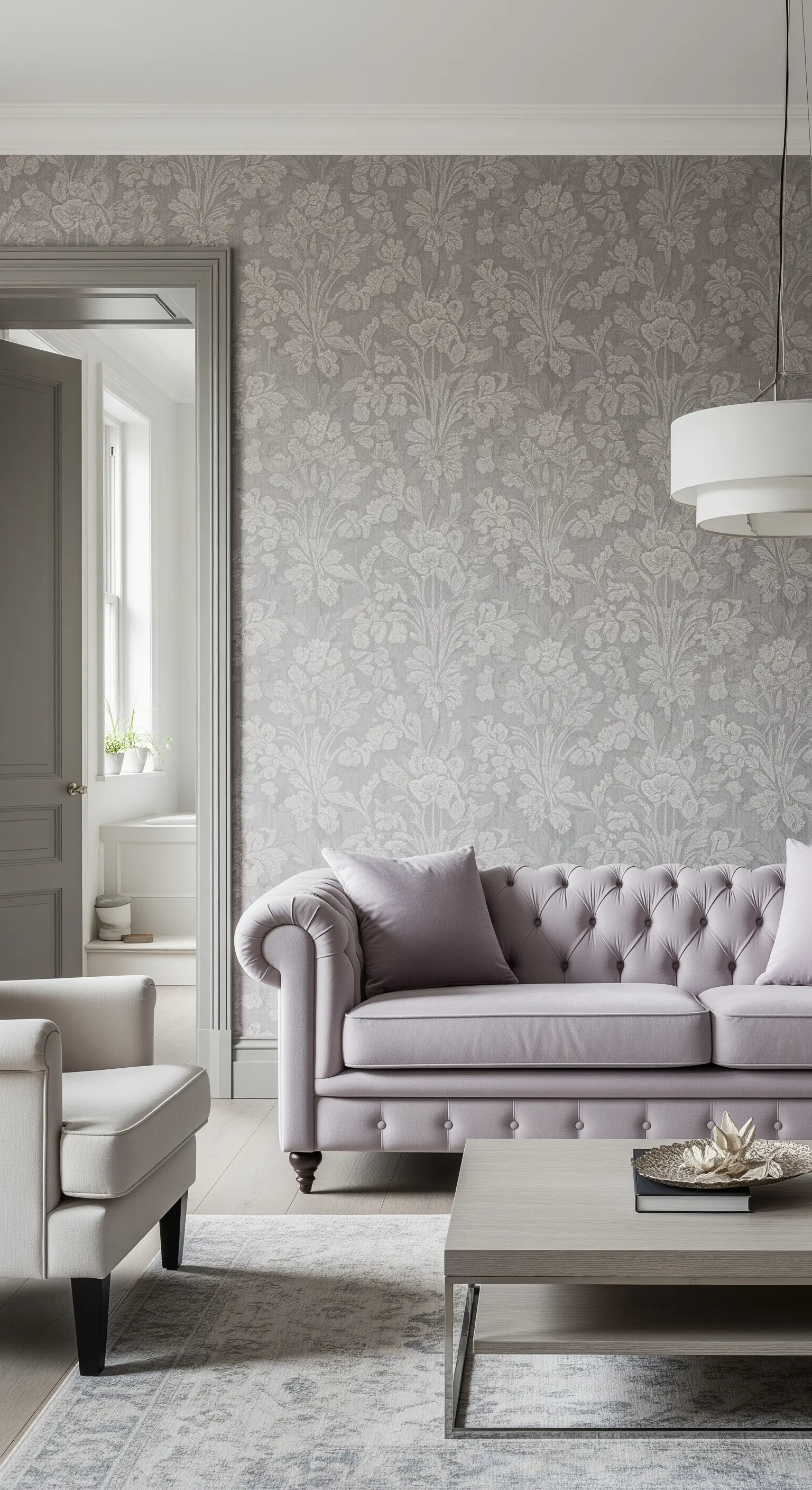 Salotto elegante con divano Chesterfield e carta da parati damascata in color grigio-lilla.