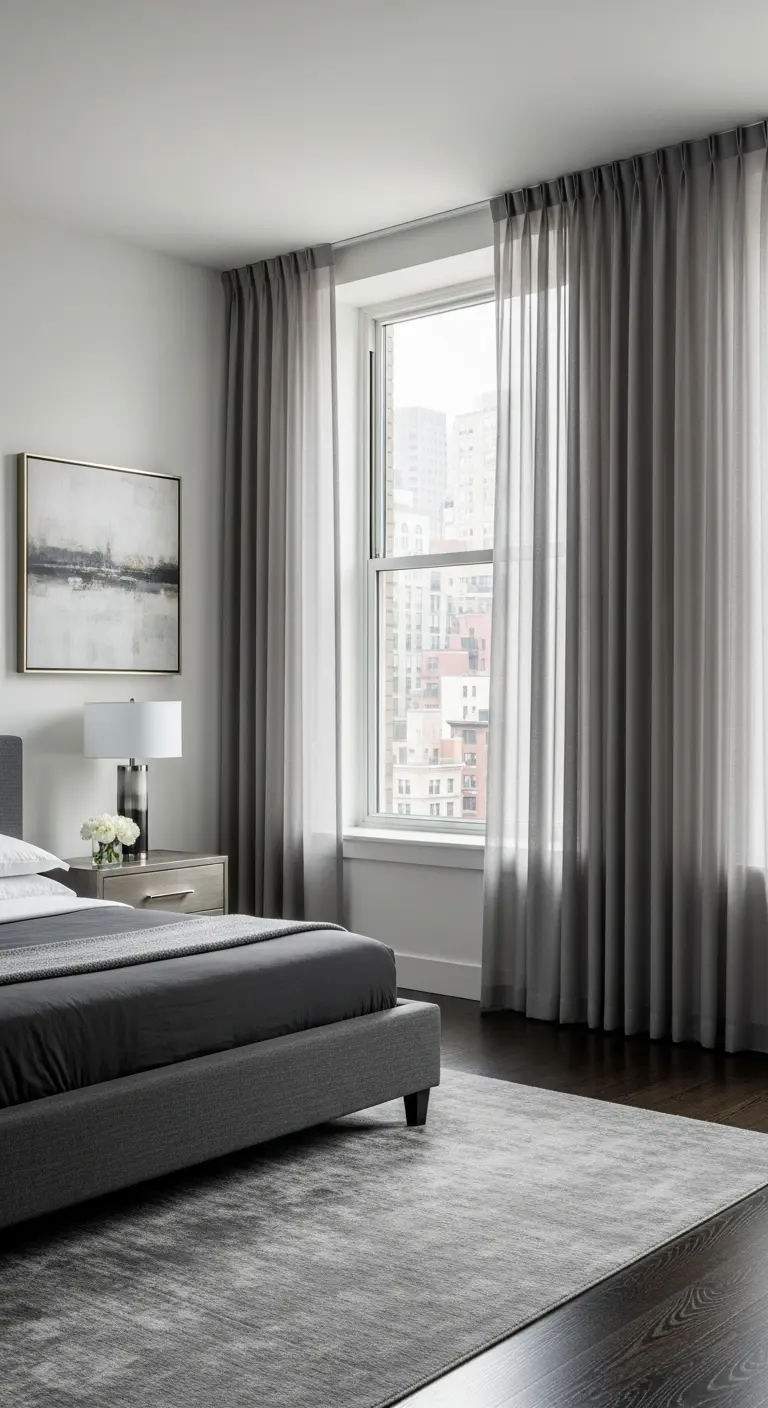 Camera da letto moderna con palette grigia, letto imbottito e lunghe tende grigio chiaro.