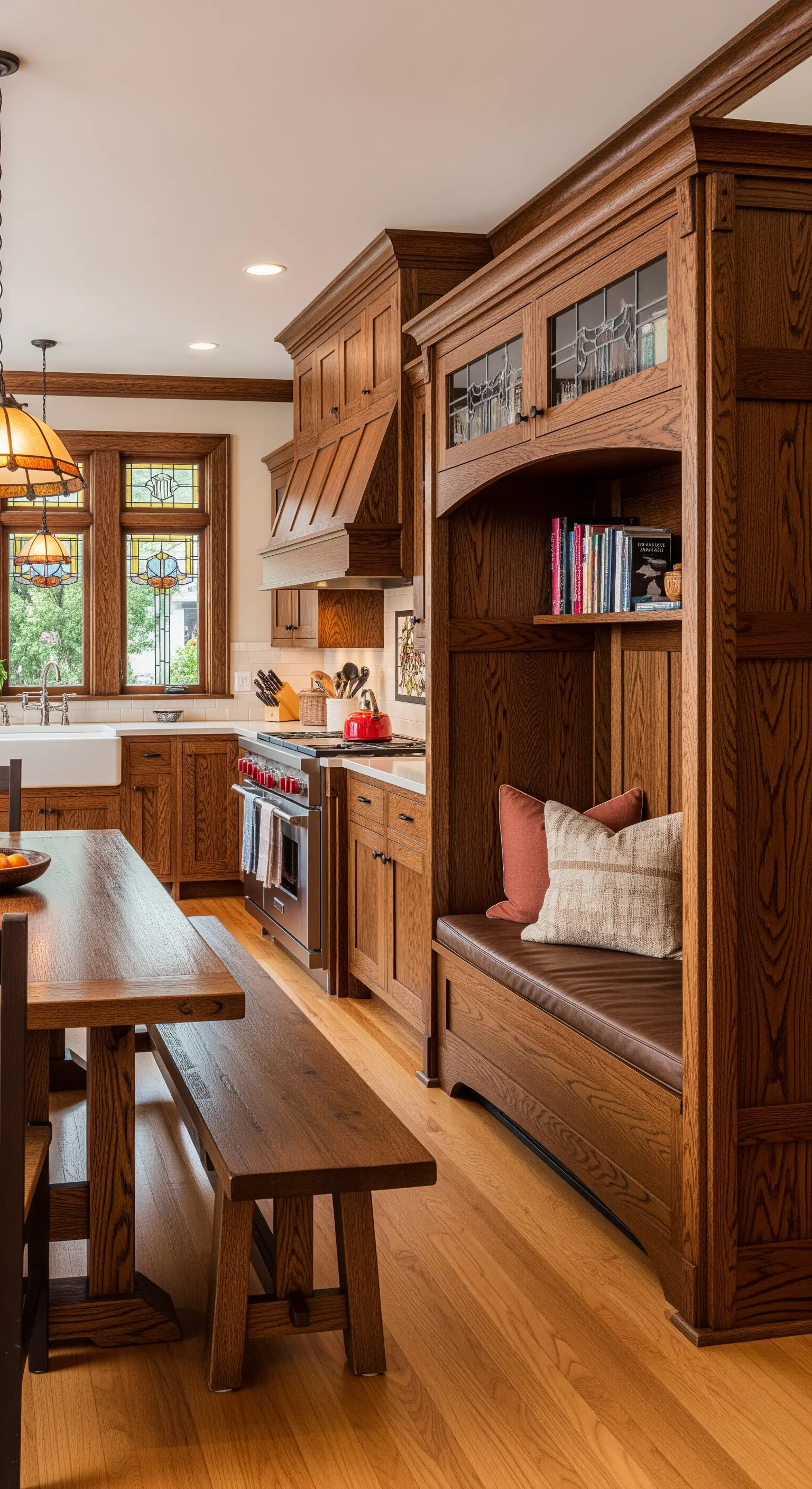 Cucina in legno di quercia in stile Arts and Crafts con panca integrata nei mobili.