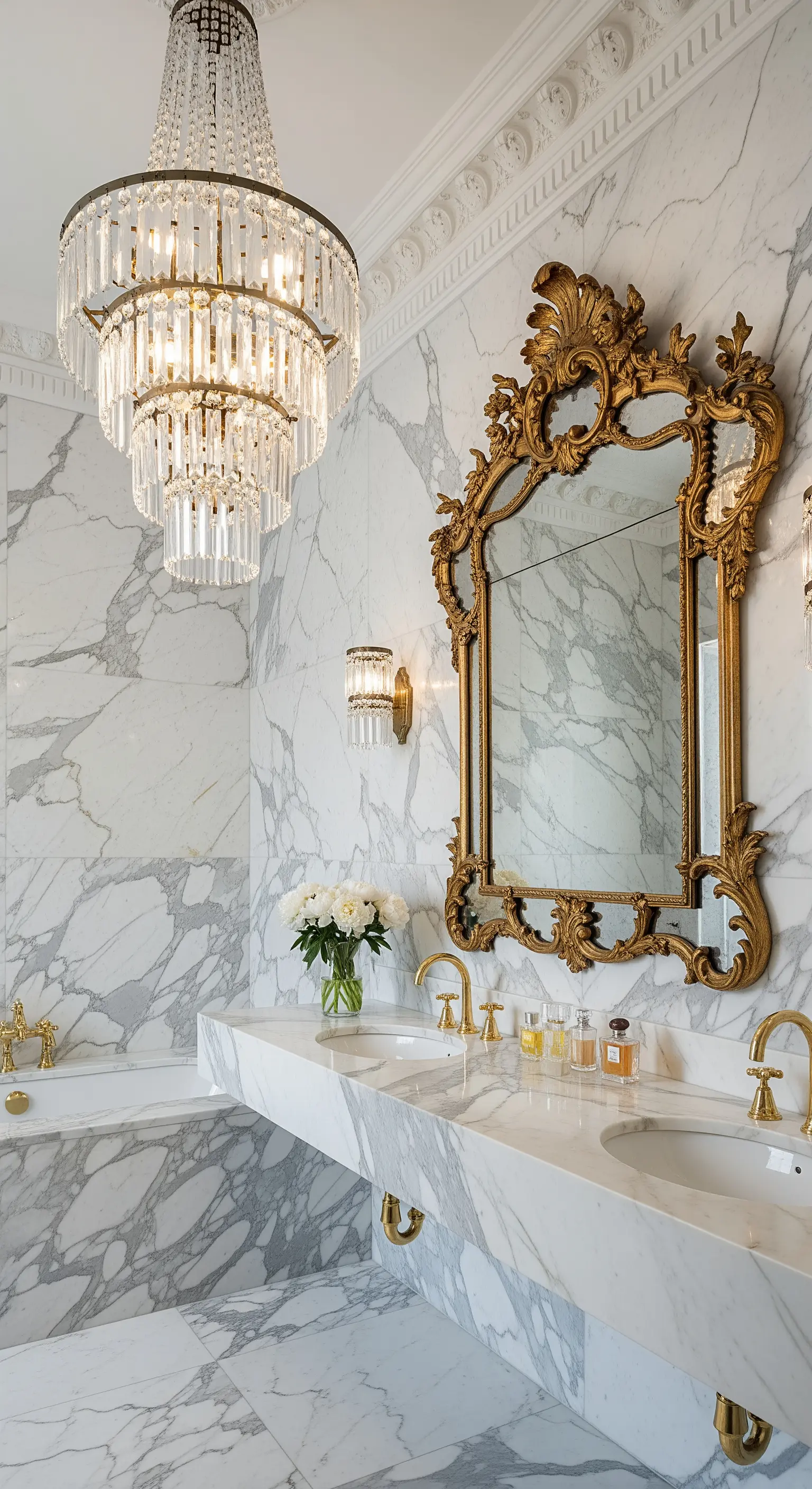 Bagno di lusso con pareti in marmo, specchio barocco dorato e lampadario in cristallo a cascata.