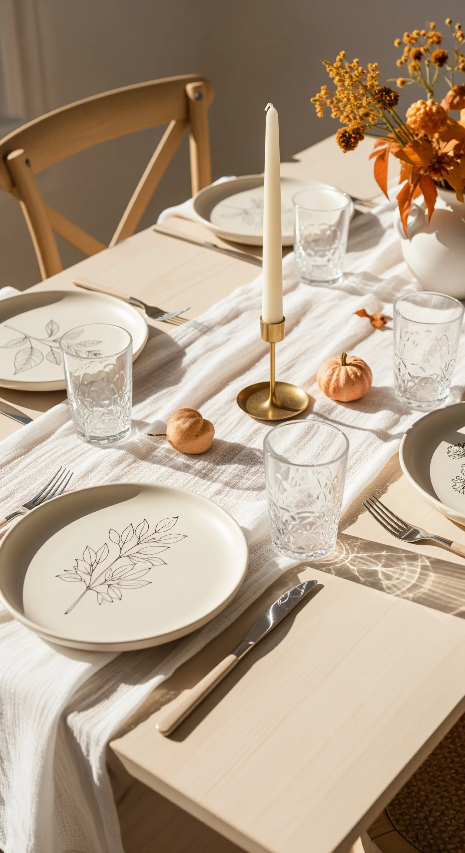 Tavola minimalista con piatti decorati con rami stilizzati e una singola candela.