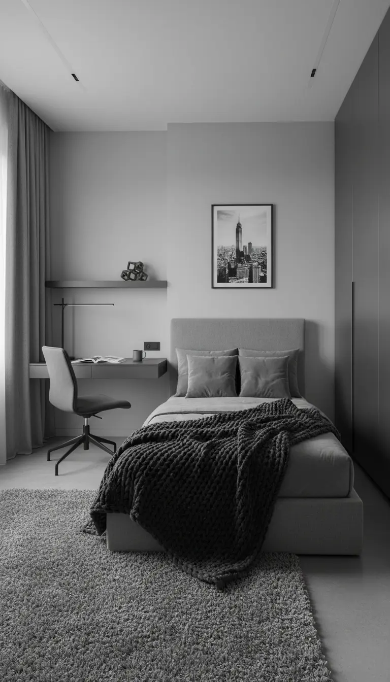 Camera da letto monocromatica con diverse sfumature di grigio e texture materiche.