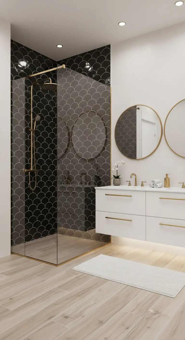 Doccia con piastrelle nere a ventaglio, fughe bianche e rubinetteria dorata.