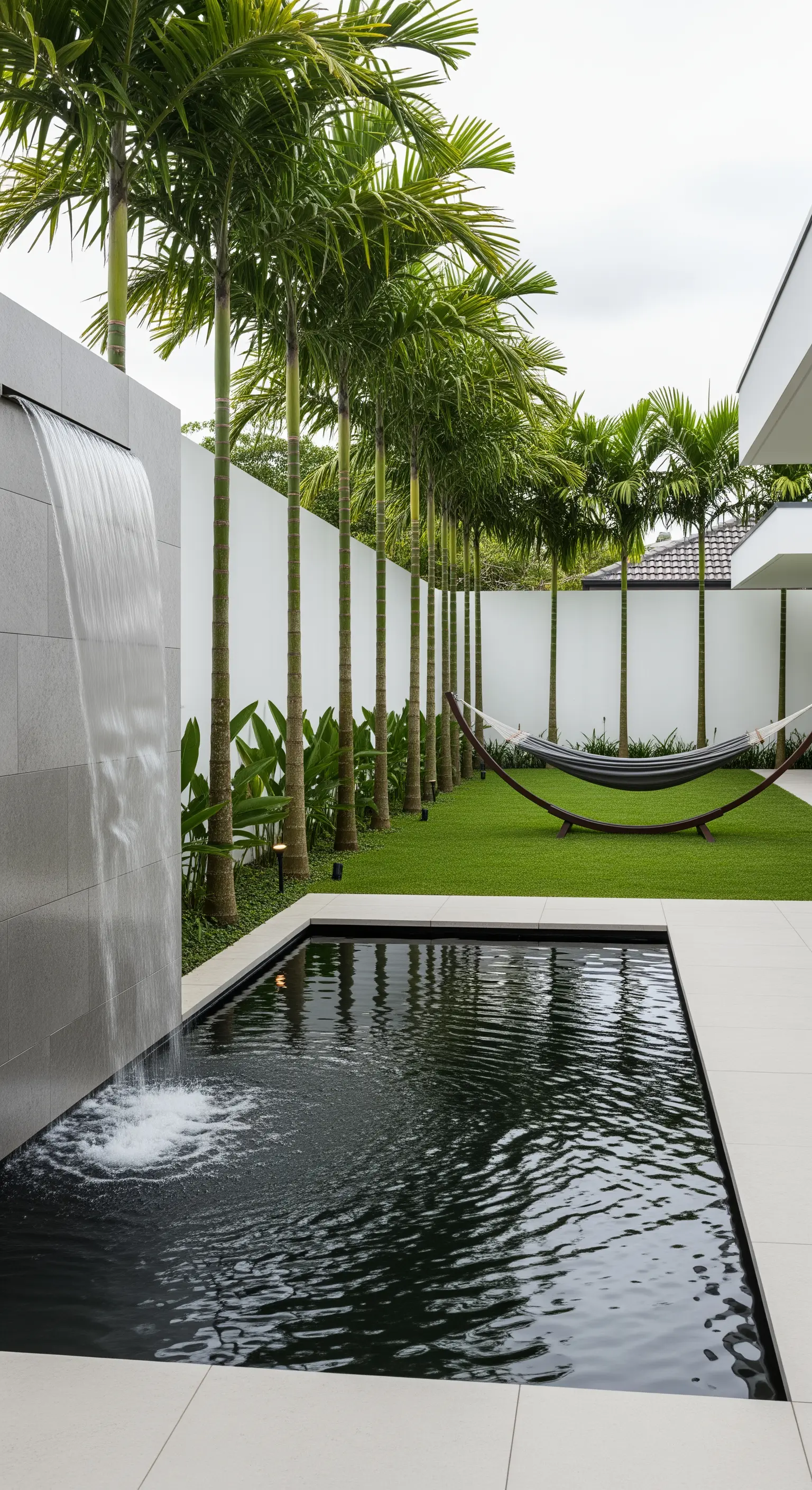Giardino moderno con una fila di palme, piscina scura, cascata a lama e amaca minimale in fondo