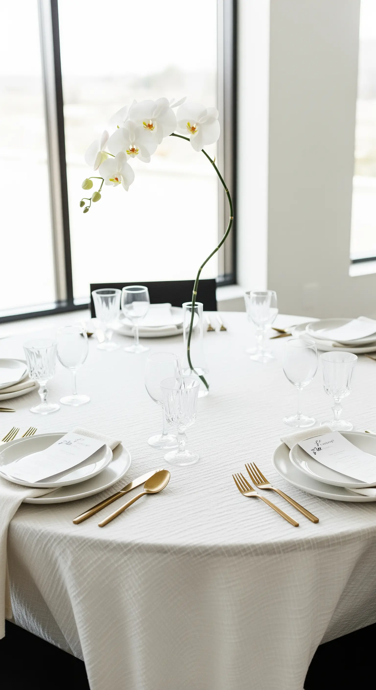 Tavola minimalista con tovaglia bianca, posate dorate e un'orchidea bianca come centrotavola.