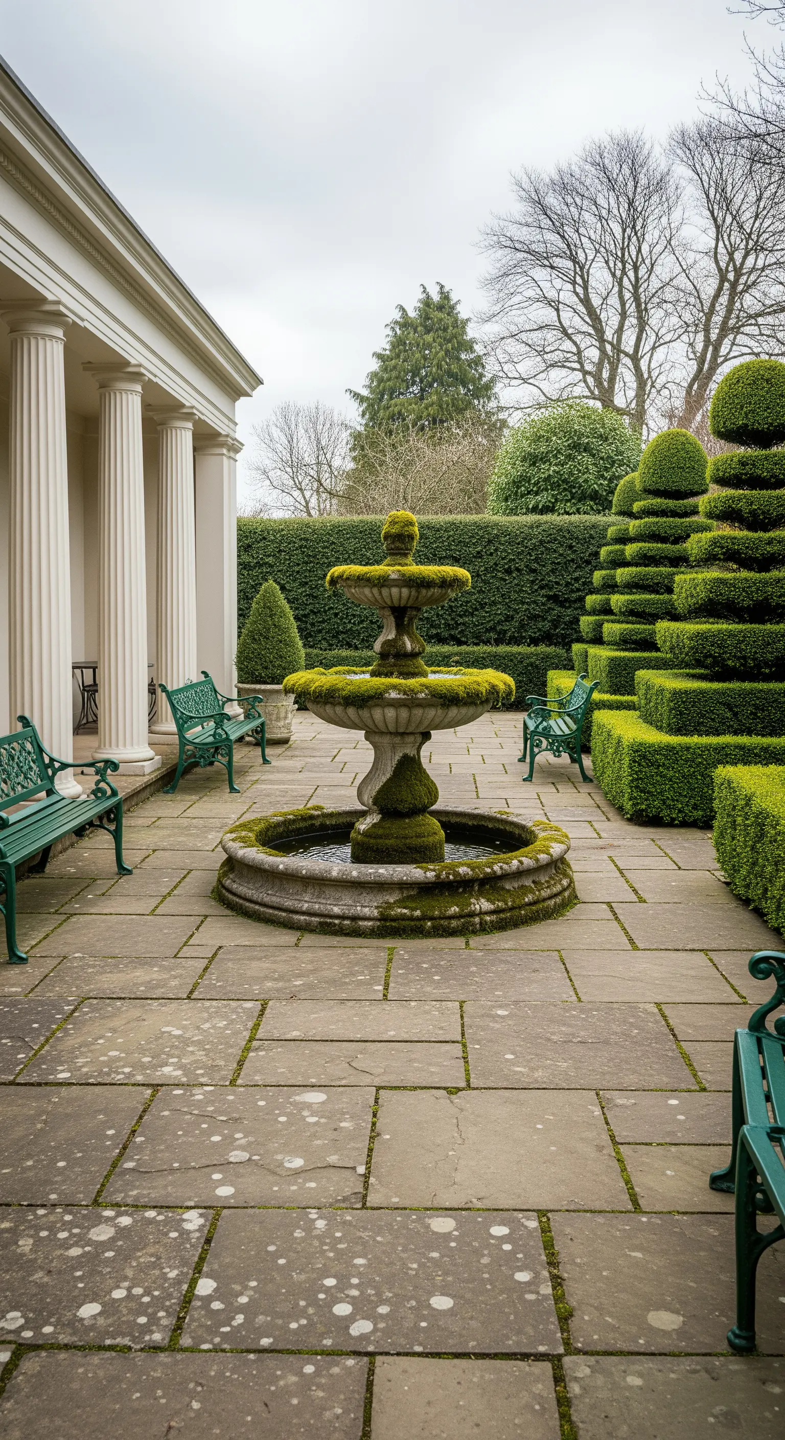Patio con fontana e pavimentazione in pietra ricoperte di muschio, circondato da siepi topiarie.