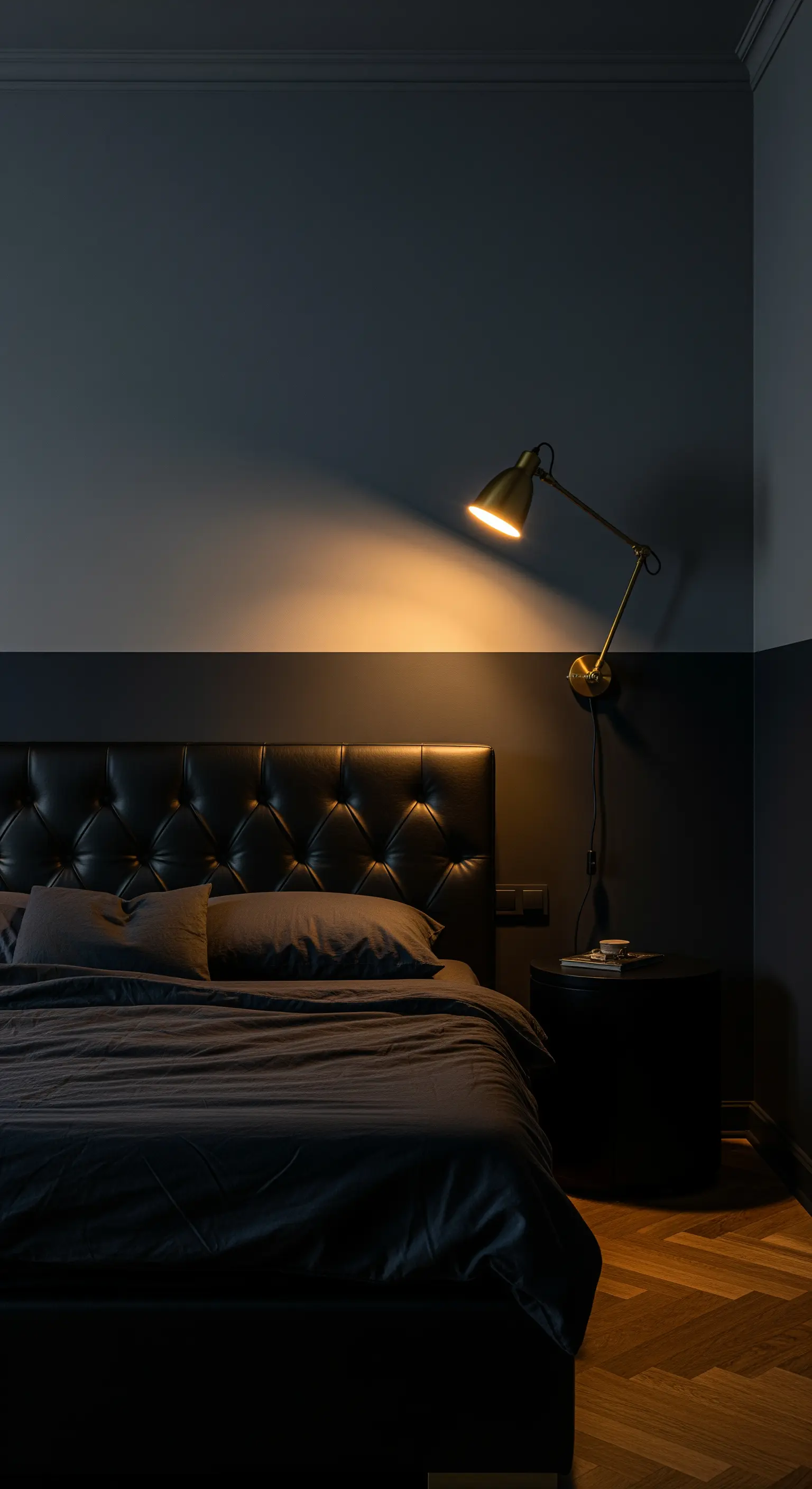 Camera da letto maschile con parete bicolore scura, testiera in pelle e lampada in ottone.