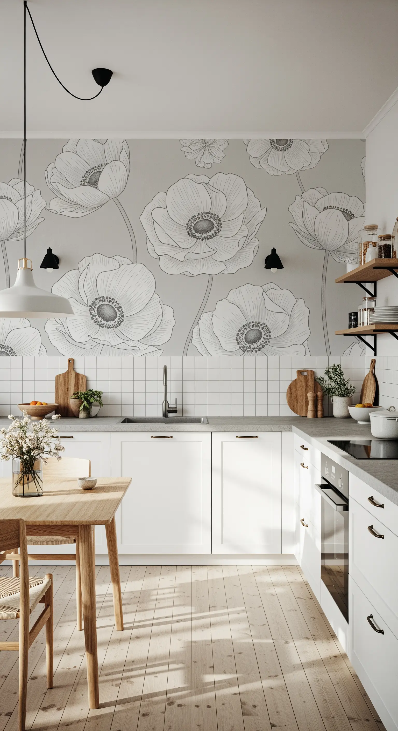 Cucina con carta da parati a fiori stilizzati in bianco e nero e tavolo in legno chiaro.