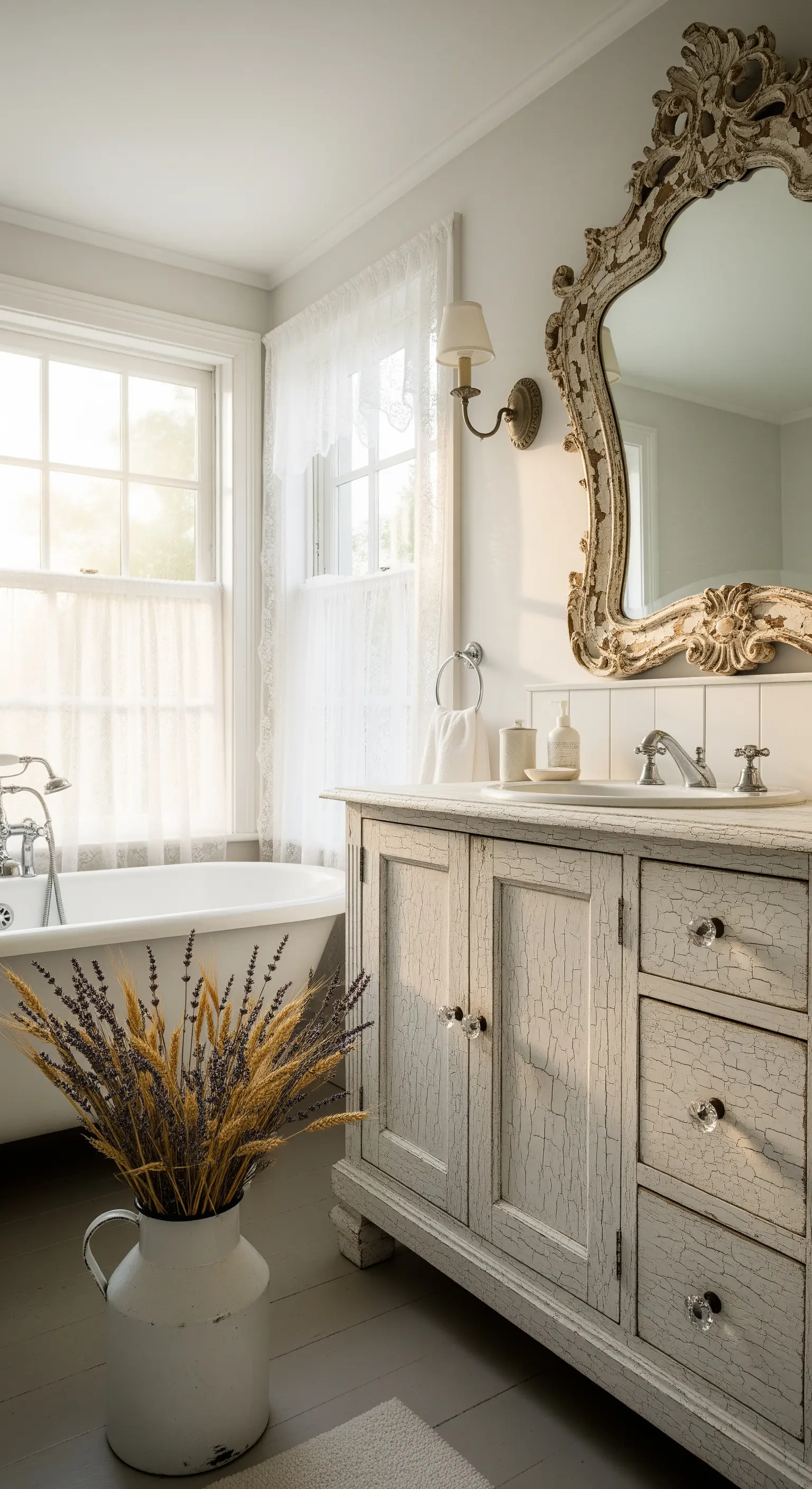 Mobile lavabo decapé con specchio barocco e lavanda in un bagno luminoso.