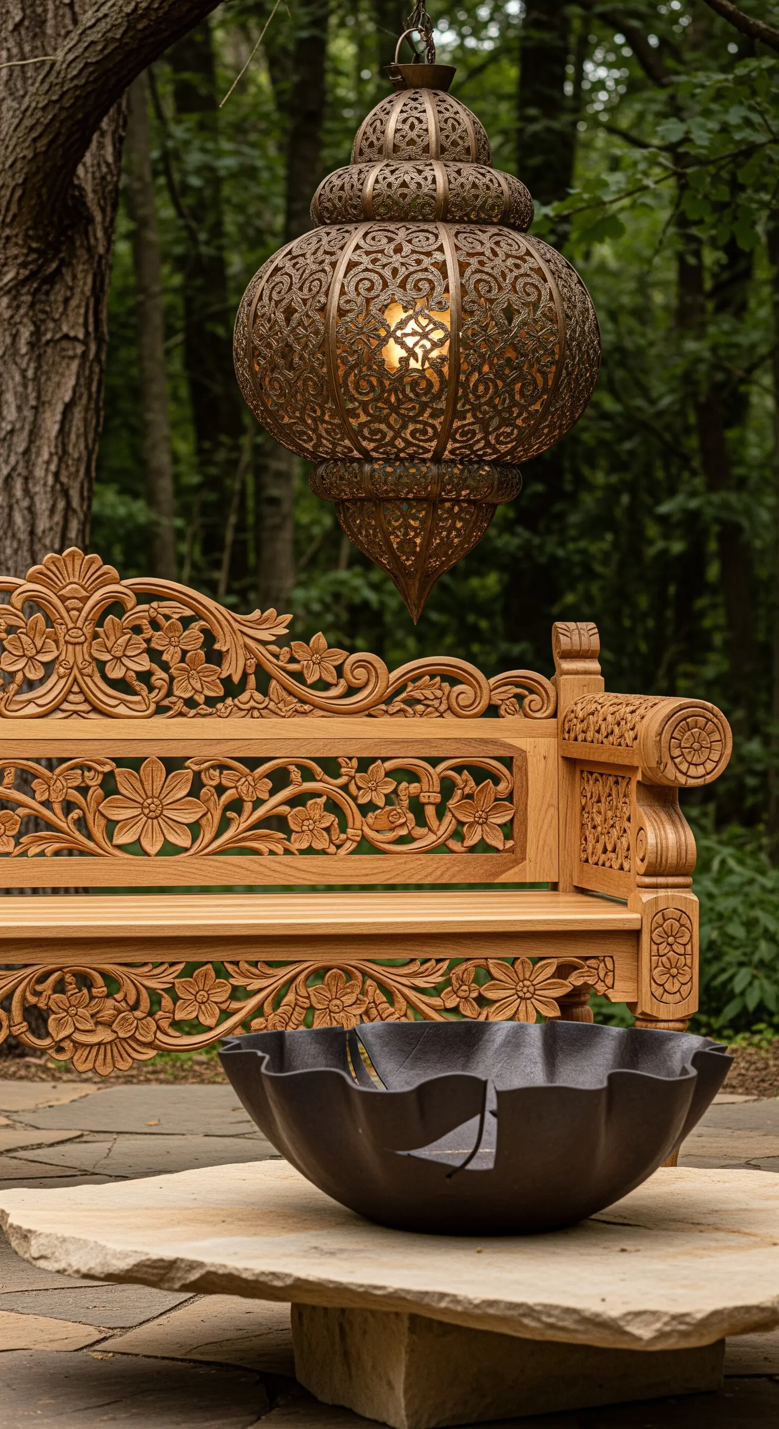 Panca in legno finemente intagliata con motivi floreali sotto una grande lanterna marocchina.