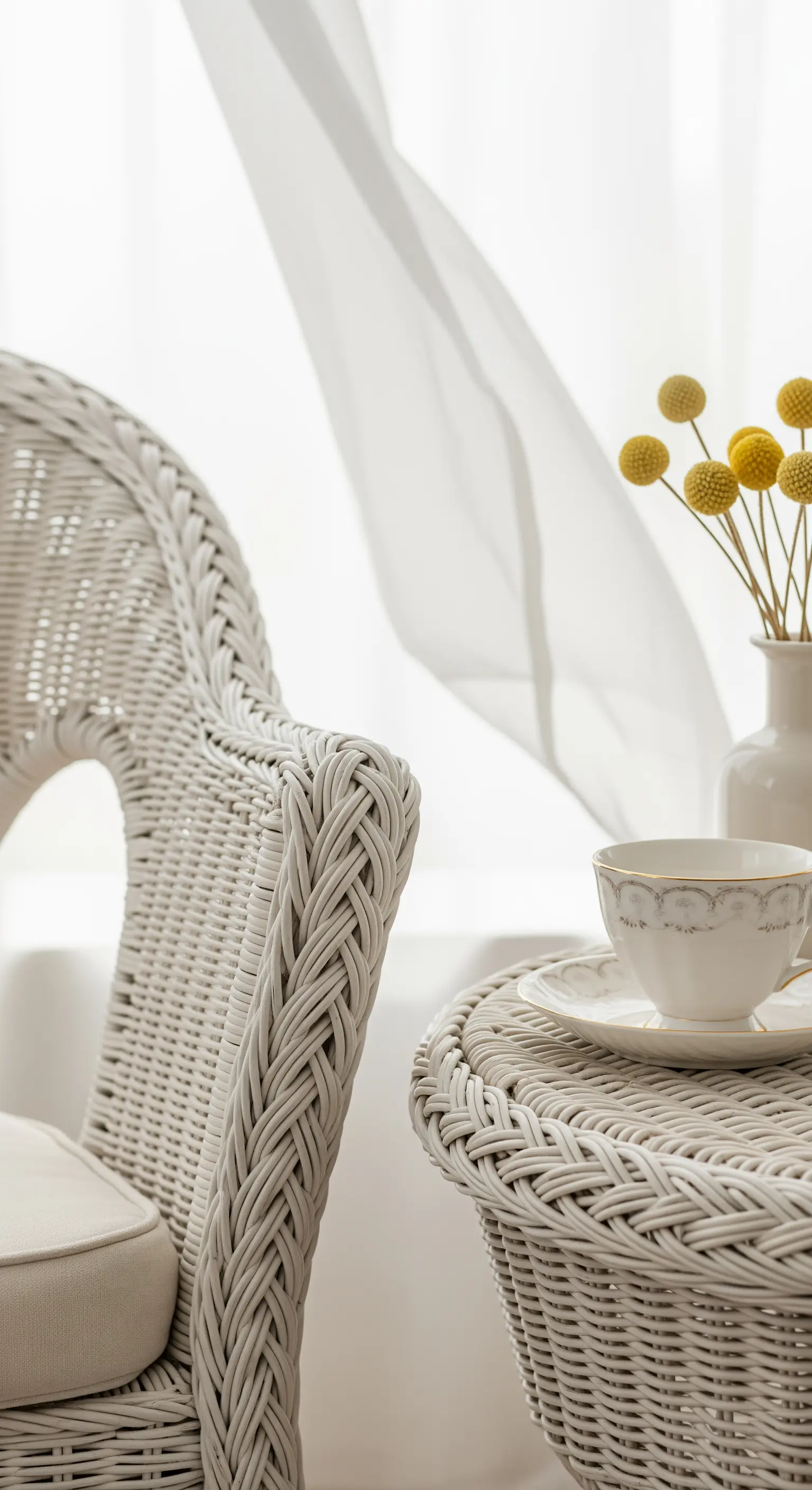Dettaglio di una sedia in vimini bianco intrecciato accanto a un tavolino e una tazza da tè.