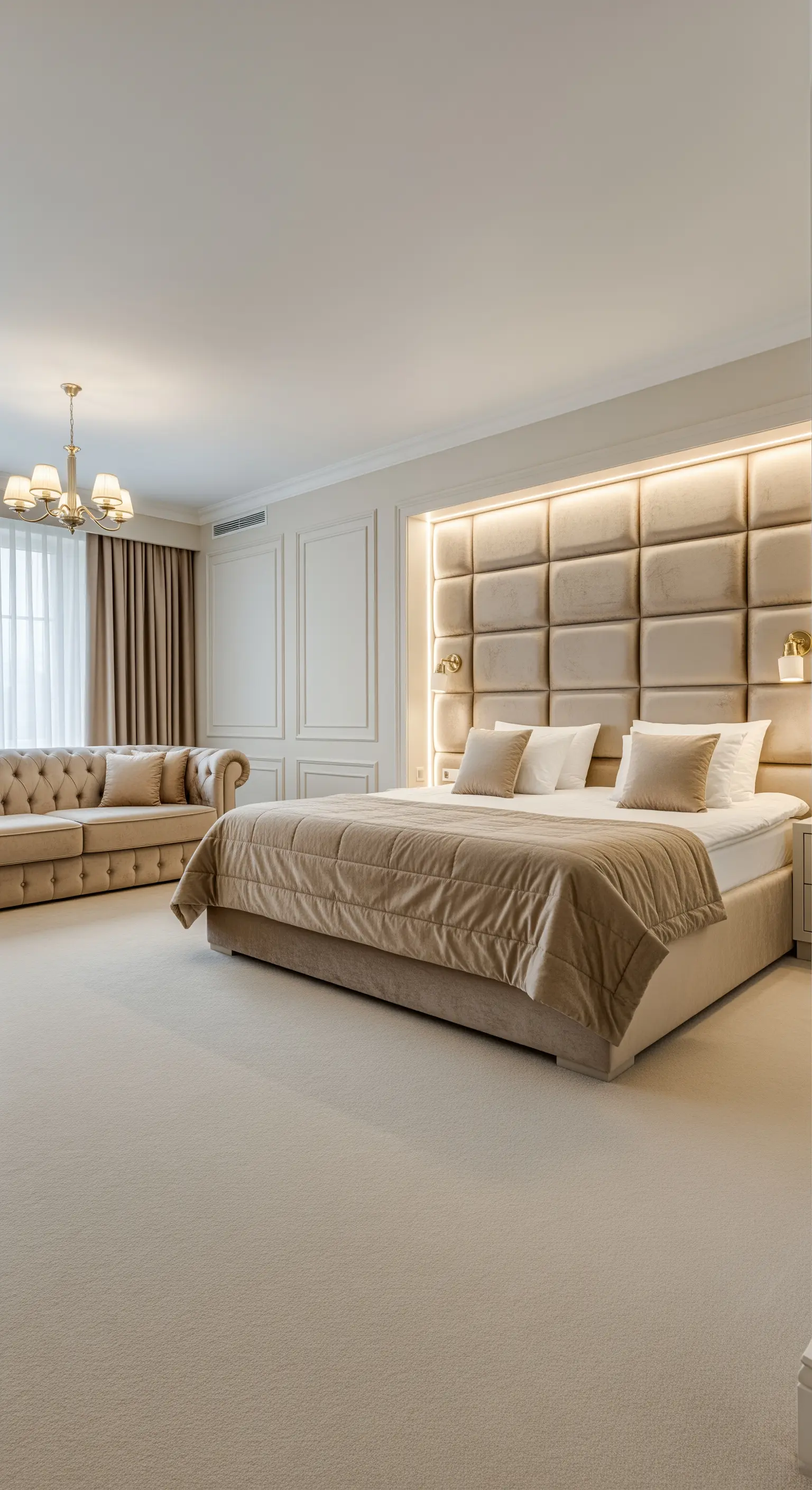 Letto inserito in una nicchia interamente rivestita di pannelli in velluto beige.